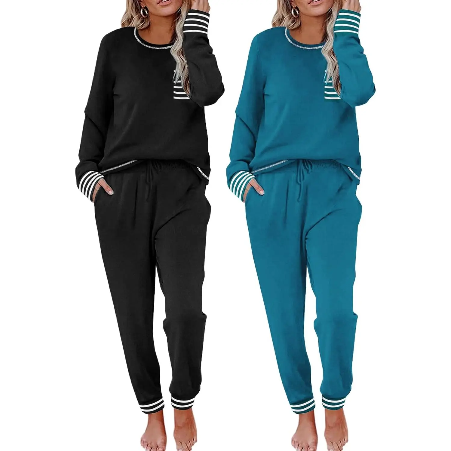 2 Pack Womens Pajama Sets Long Sleeve Lounge Sets Soft Pj Loungewear Sleepwear