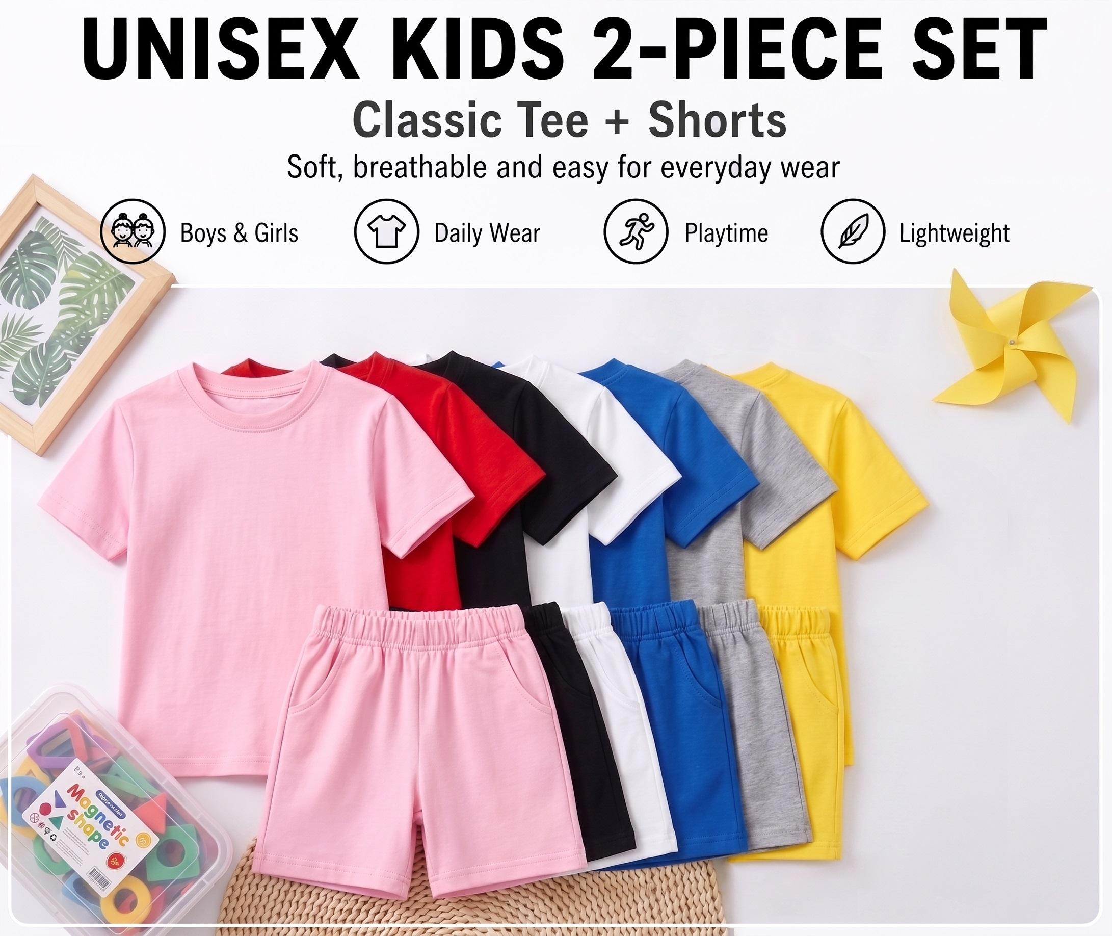 Kids’ Cartoon Shark Graphic Short Sleeve T-Shirt and Shorts Set, Casual Summer 2-Piece Outfit, Comfortable Crew Neck Clothing Set for Daily Wear, Outdoor Play, School, Vacation and Weekend Adventures