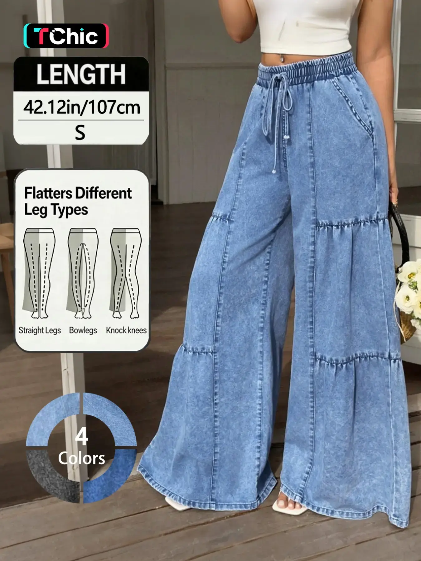 Elegant Women's Elastic Waist Drawstring Work Pants, Fashionable Versatile Loose Fit Jeans, Wide Leg Trousers for Everyday Wear