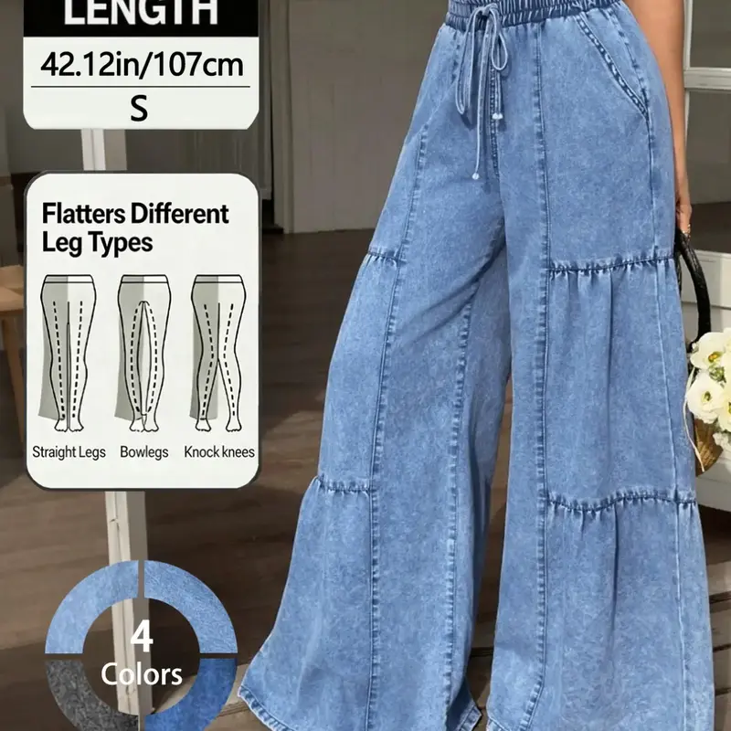 Elegant Women's Elastic Waist Drawstring Work Pants, Fashionable Versatile Loose Fit Jeans, Wide Leg Trousers for Everyday Wear