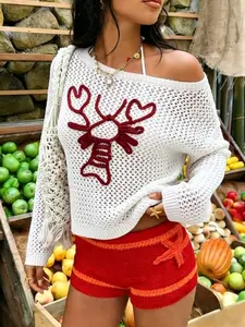 Women's Summer Hollow Out Cover-Up, Beach Vacation Casual Style, Lazy Lobster Pattern Knit Pullover, Long Sleeve Loose-Fitting Top