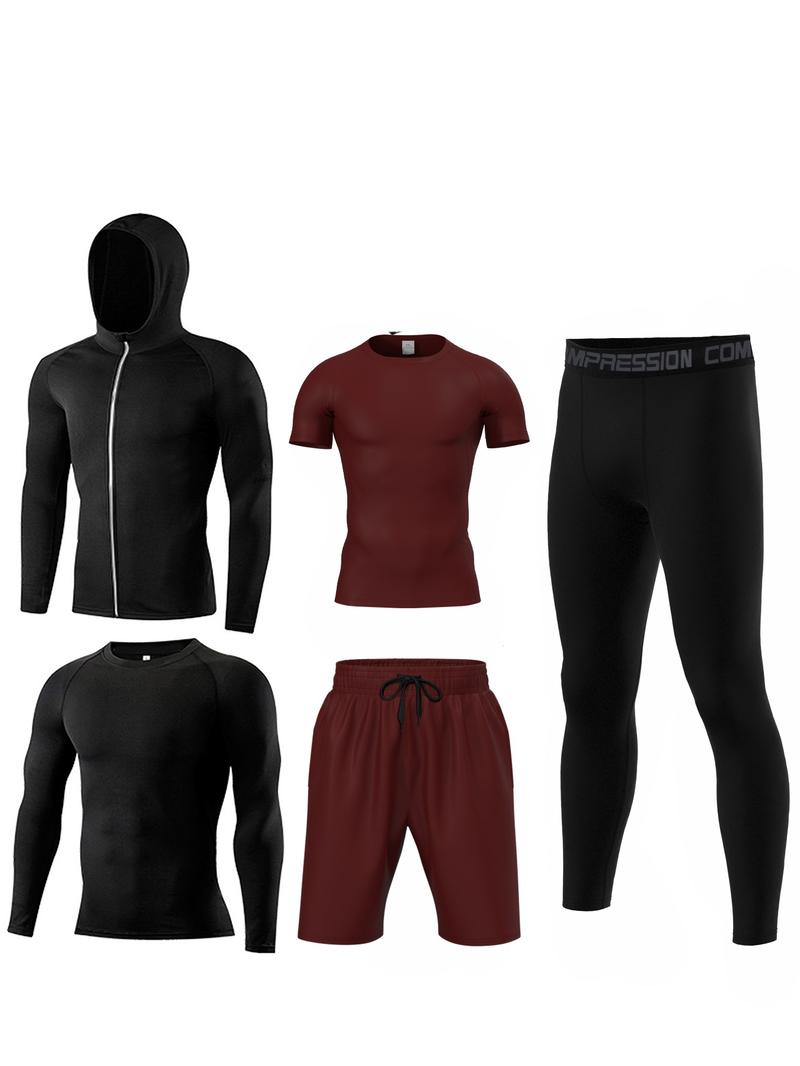 Men's Solid Tracksuit Set, Sporty Zipper Hooded Jacket & Top & Short Sleeve Tee & Letter Tape Waist Leggings & Drawstring Shorts, Casual Summer Outfits