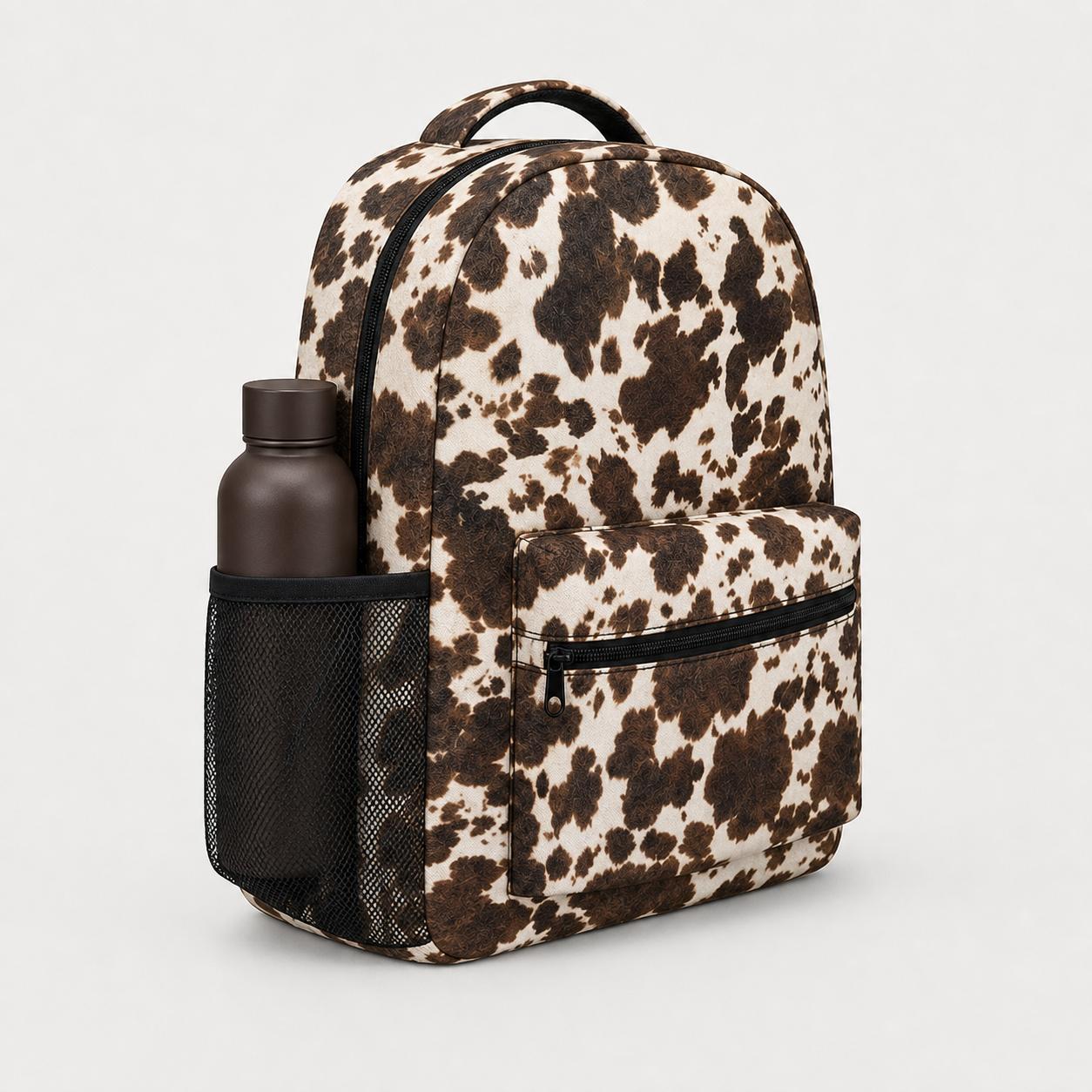 Polyester Brown & Cream Cow Print Backpack with Organic Spots - Western Animal Pattern Daypack, Front Zipper Pocket, Dual Mesh Pockets, Top Handle, Adjustable Shoulder Straps for School/Work, Gym Use, Backpack Bags, Printed Backpack