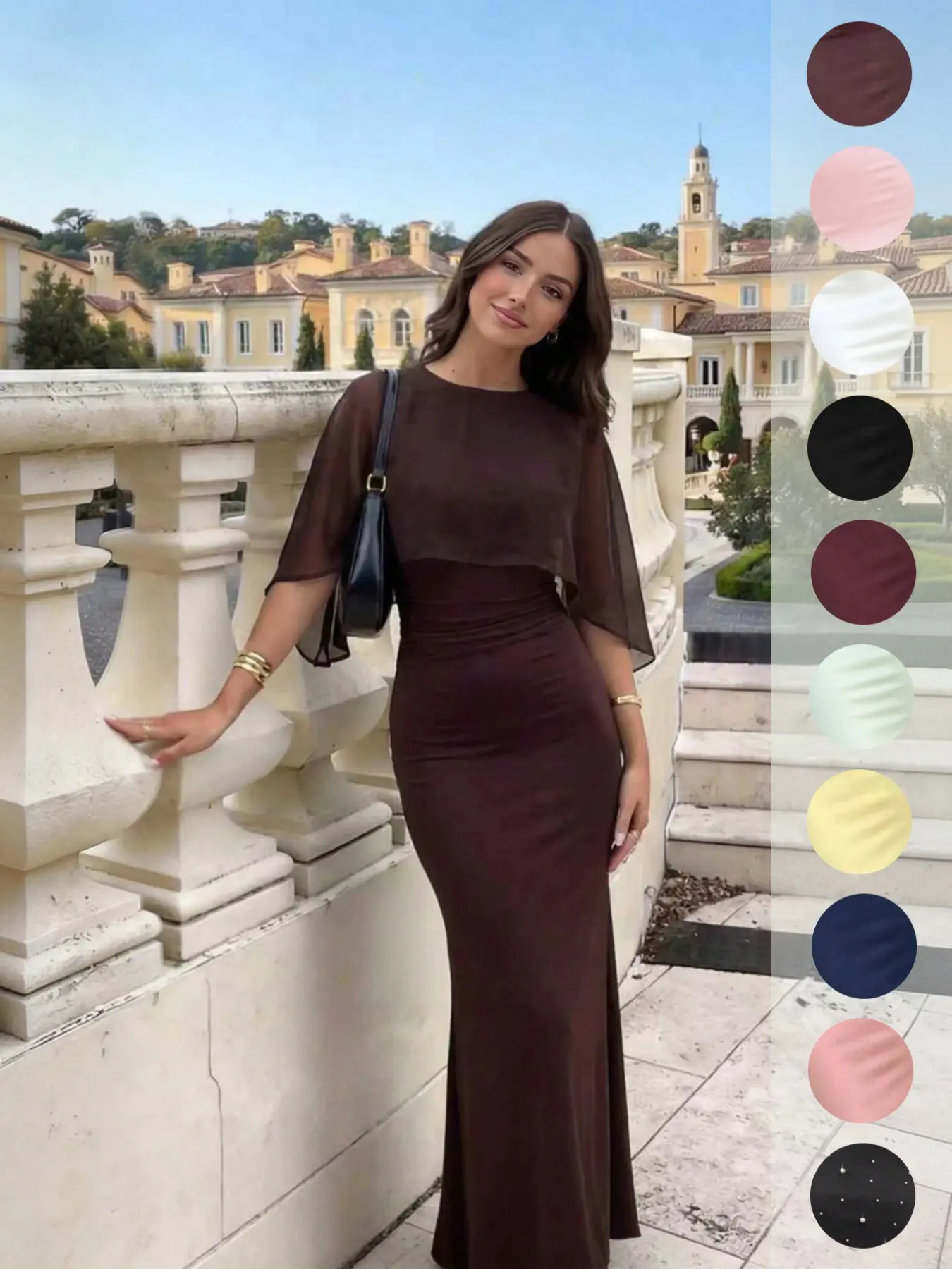 【Black Friday】Elegant Women's Shawl Sleeve Midi Dress Slim Fit Pleated Bodycon Dress, Multiple Solid Colors Available, Versatile All Seasons Outfit for Wedding Guest Cocktail Party