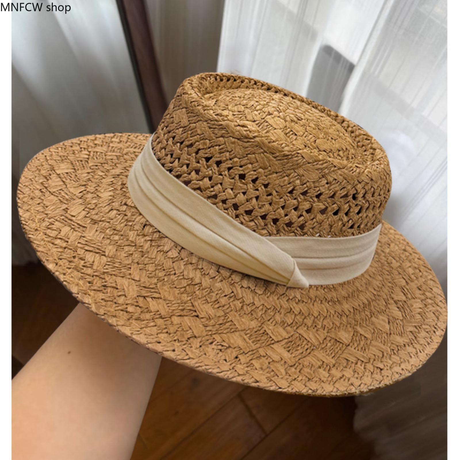 Women's Cotton Straw Hat - French-Style Flat-Top Wide-Brim Fedora, Casual Hat for Large Sizes, Beach Vacation Accessories for Women, Cotton Hat, Hats