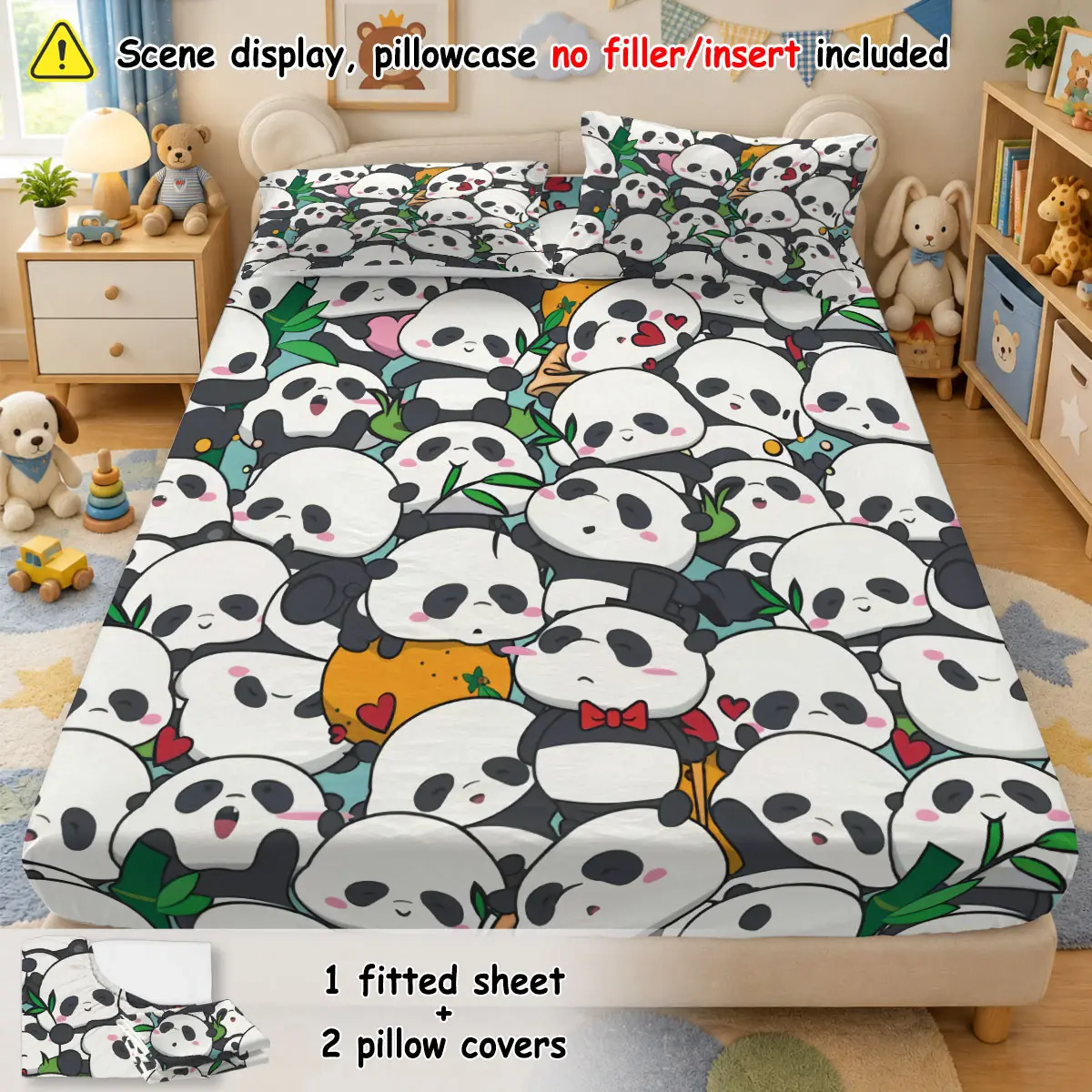 (1 fitted sheet + 2 pillowcases, no filler)Cartoon Cute Panda,Polyester fitted sheet 3-piece bedding set, machine washable, anti-shrink & anti-deform, durable bedding supplies for bedroom and dormitory