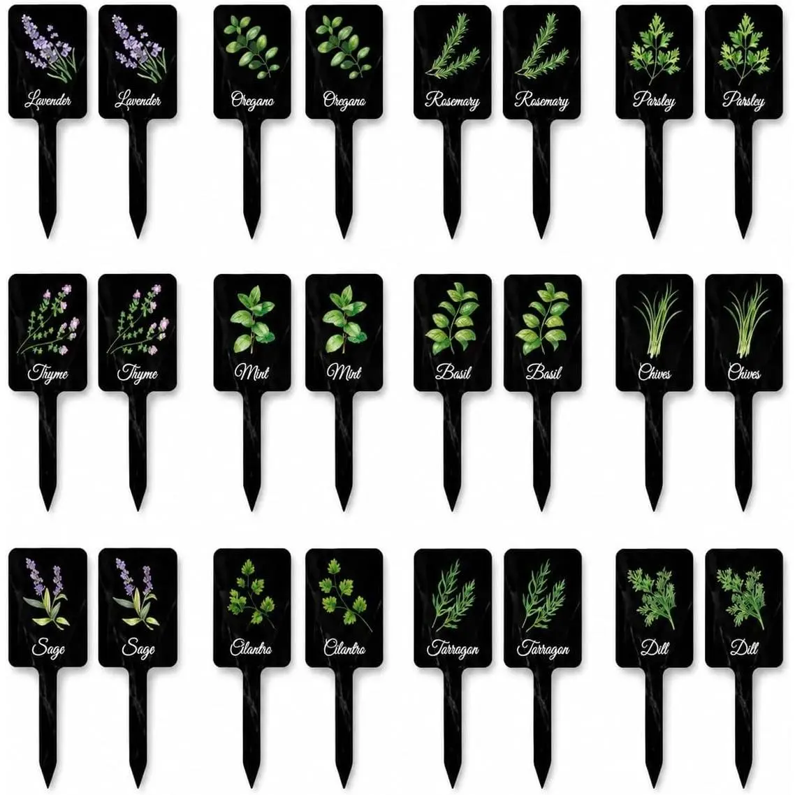 24Pcs Acrylic Herb Garden Plant Labels, Black Waterproof Plant Markers with Printed Name & Picture, Easy Clean Rot-Proof Tags for Indoor Outdoor Potted Plants
