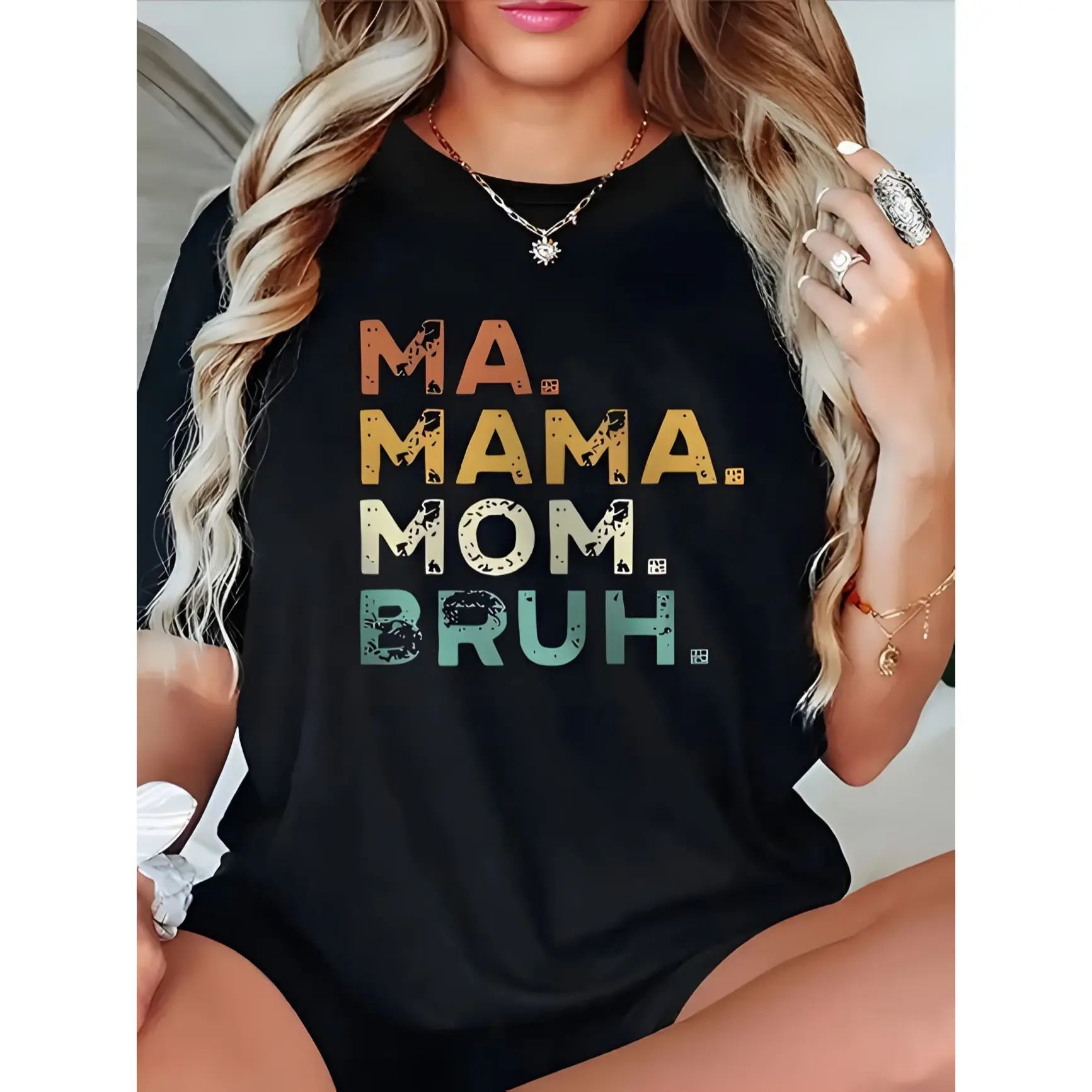 Ma Mama Mom Bruh Retro Distressed Graphic Oversized Cotton T‑Shirt, Mom Life Outfit Fashion Gift for Mom, Mother's Day Valentine Holiday Best Present