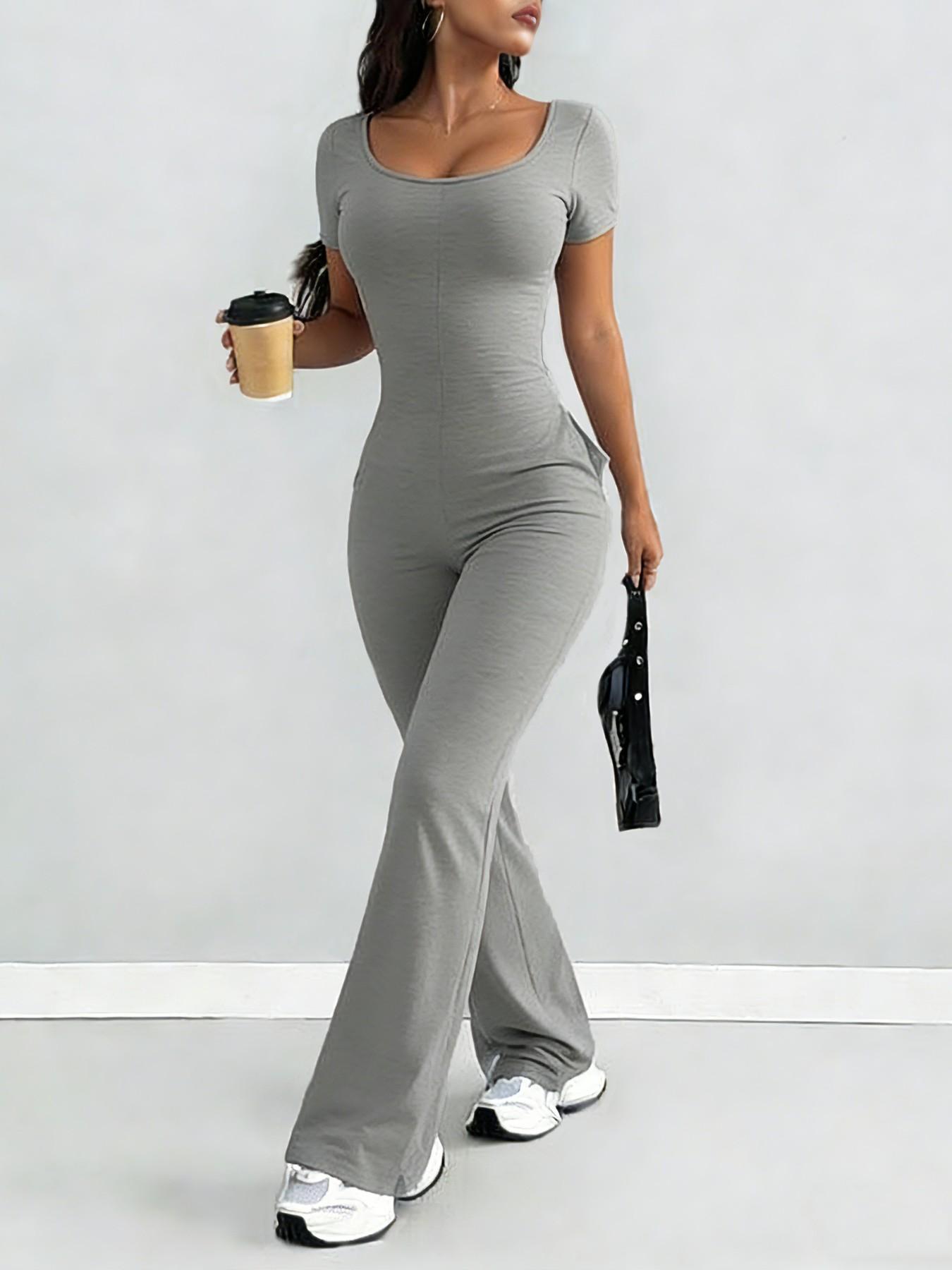 Women's Plain Pocket Short Sleeve Long Pants Jumpsuit, Sexy Fitted Casual One-Piece for All Seasons, European & American Style, Plain Pocket Overalls