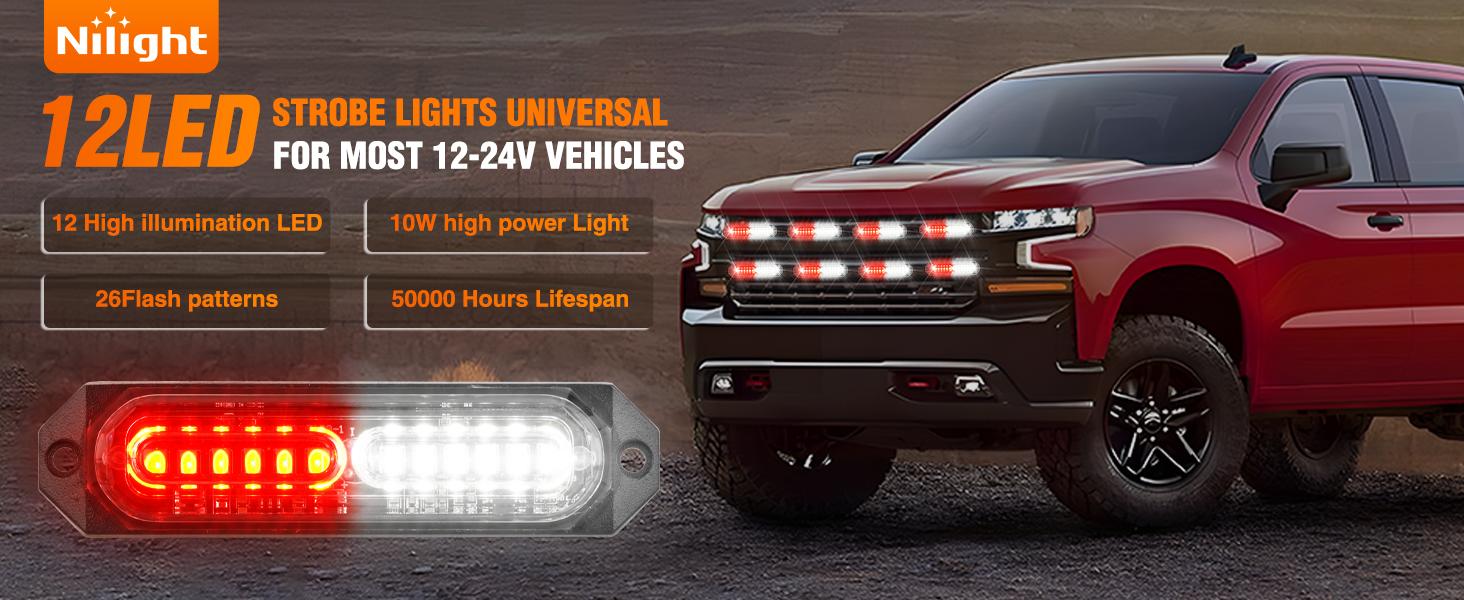 Nilight 8PCS Led Strobe lights 12LED Red white  Light 12V 24V Surface Mount Flashing Warning Hazard Beacon Lights Ultra Slim Sync Feature Mini Grille for Cars Trucks Off Road Vehicles SUV Side Lamp  dealsforyoudays