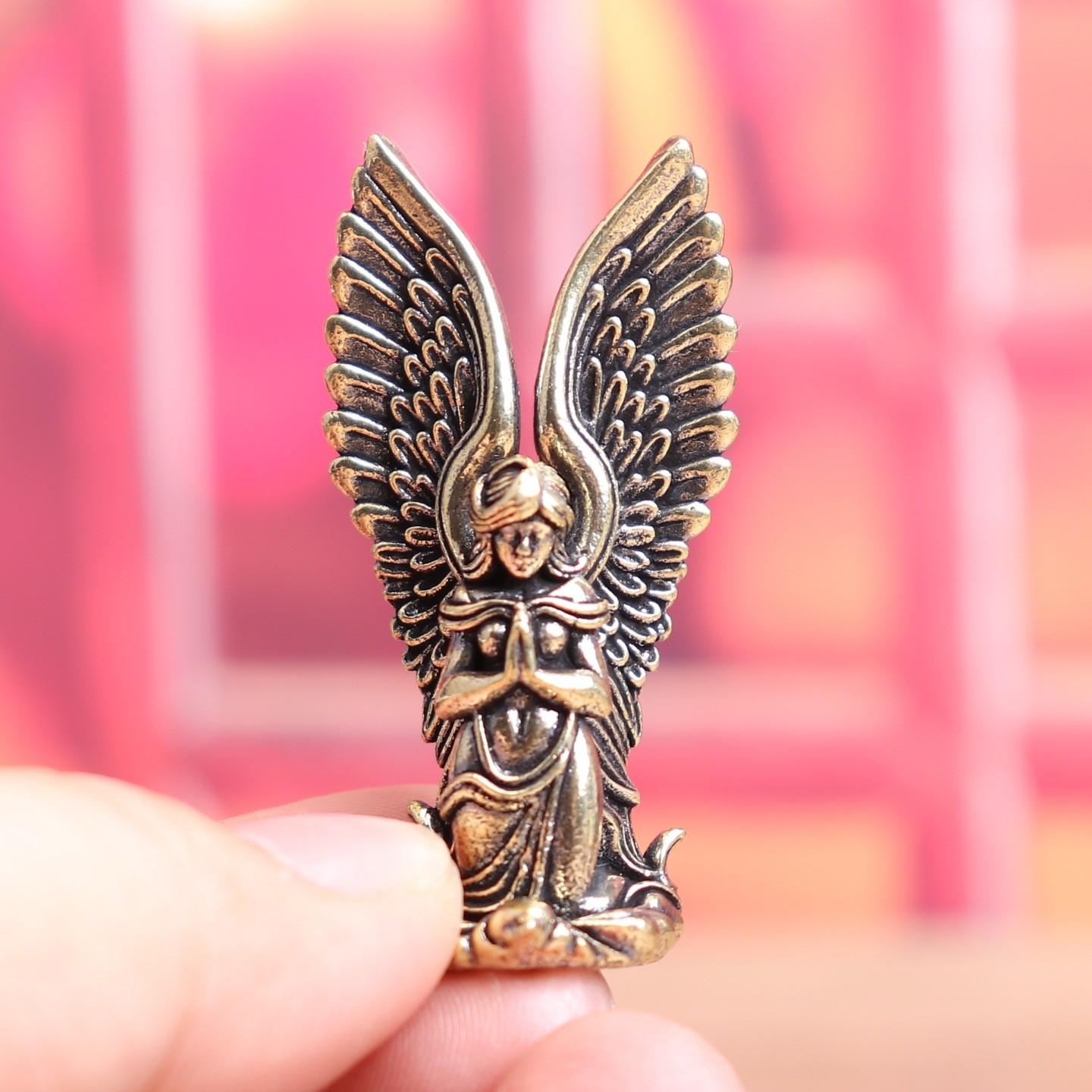 Pure Brass Goddess Angel Guardian Antique Home Decor, Retro Style Desktop Tea Pet Sculpture, Love God Desk Ornament, Girlfriend Gift (4.9cm*2cm)