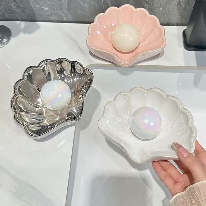 Shell-Shaped Ceramic Soap Dish & Jewelry Tray, Elegant Bathroom Accessory, Perfect for Storing Soaps, Rings, Earrings, Ideal Gift for Women