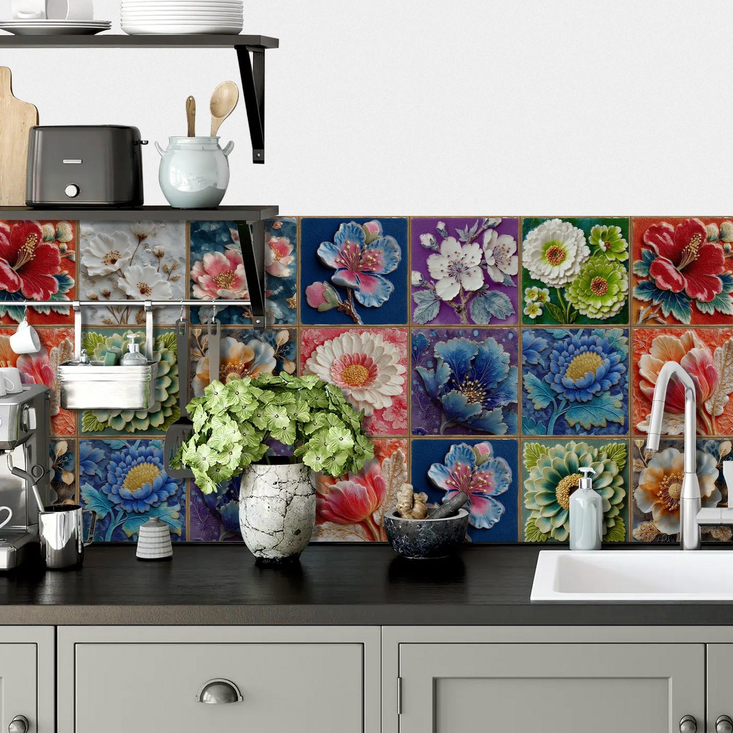 24PCS/Box NHZ 3D Embossed Floral Tile Stickers | Crystal Film Peel & Stick DIY Backsplash | Waterproof Oil-Proof for Kitchen/Bathroom/Furniture/Stairs/Wall Renovation