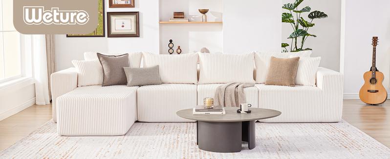 【3 packages】135.4" Cloud Couch Sectional, Modular Sofa with Deep Seat, Plush Corduroy L Shaped Boneless Couch, Convertible Sectional Couches for Living Room, 5Seat