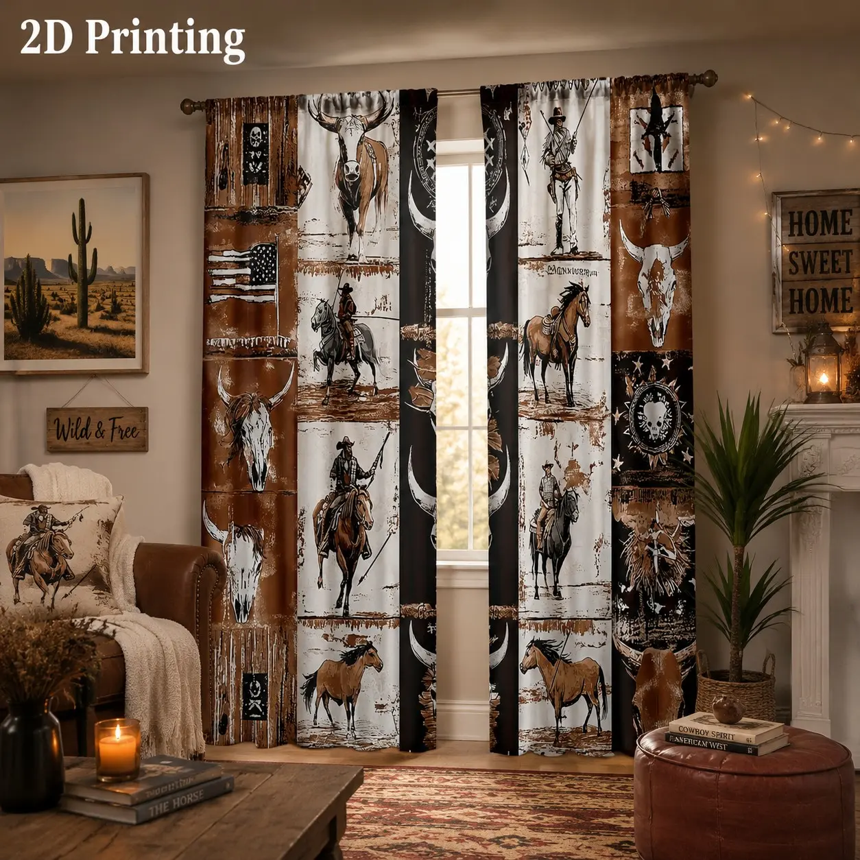 Two piece set of Wild West Cowboy Athletic style semi blackout curtains, made of semi transparent polyester material, featuring denim, bull bones, and American flag patterns, suitable for bedrooms, living rooms, and farmhouse style curtains, Window Drapes