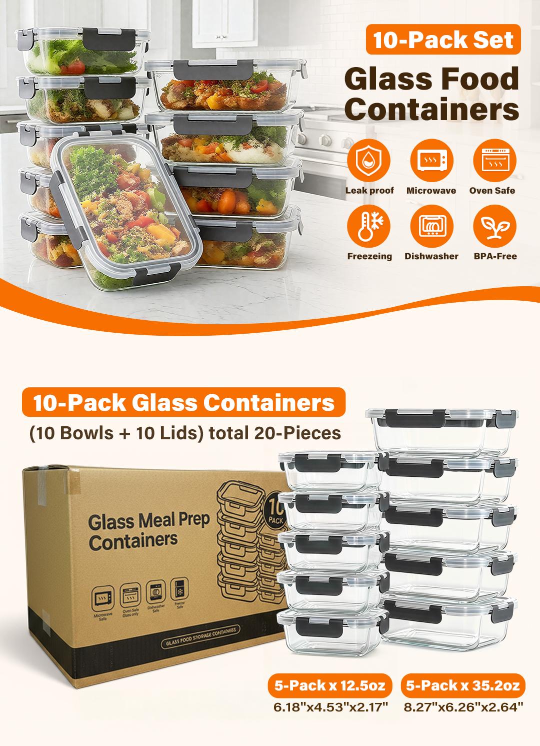 10 Pack Glass Meal Prep Containers with Lids, Reusable Glass Food Storage Containers with Lids, Leak Proof, Microwave, Oven, Freezer and Dishwasher Safe, Bpa-free Lid Glass Kitchenwave Lunch Box Utensils 10 Pack Glass Meal Prep Containers with Lids, Reusable Glass Food Storage Containers with Lids, Leak Proof, Microwave, Oven, Freezer and Dishwasher Safe, Bpa-free Lid Glass Kitchenwave Lunch Box Utensils