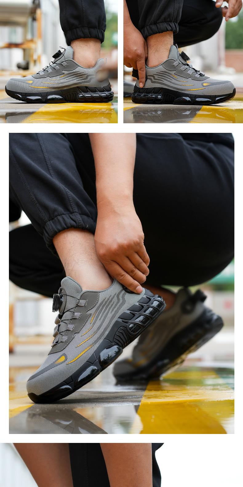 QINGRUIPAI Men's Breathable Mesh Work Sneakers Durable Anti-Slip Safety Shoes with Steel Toe Protection Comfort Fit for All Seasons Casual Striped Design Elastic Closure Non-Slip EVA Sole Outdoorfun Fathersdaygift