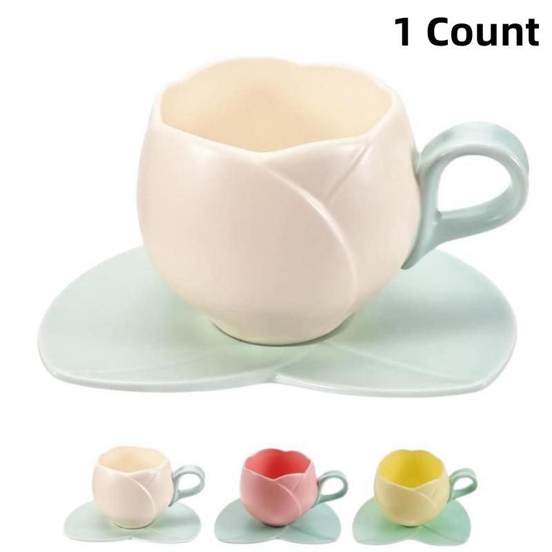 1 Count Ceramic Tulip Coffee Mug with Saucer Set, Shape Cup, Cute Mug Set, Latte Mugs for Tea Coffee Milk for Home Office Aesthetic 🌸Multi-use Cup and Saucer  Designer Coffee Mug ☕  🥐 🍰
