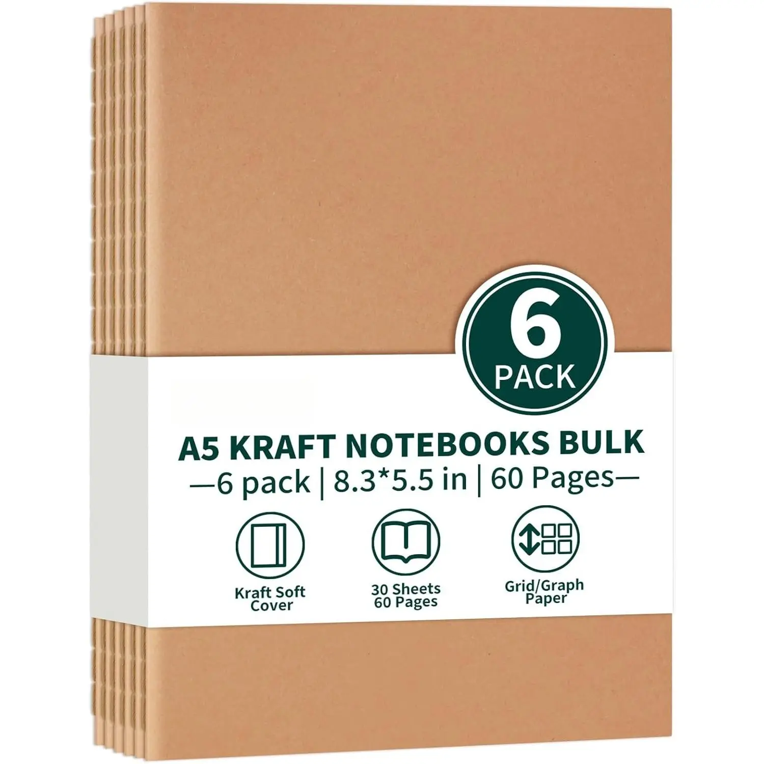 6 Pack A5 Grid  Notebooks Bulk, 8.3x5.5 Inches, Journaling Notebooks