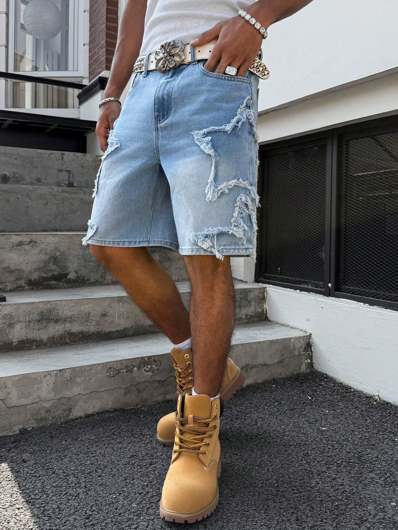 Light Blue American Vintage Washed Denim Five-Pocket Shorts for Men, Summer Loose Fit Slimming Wide Leg Pants, Trendy Star Print Shorties, Summer Casual Shorts