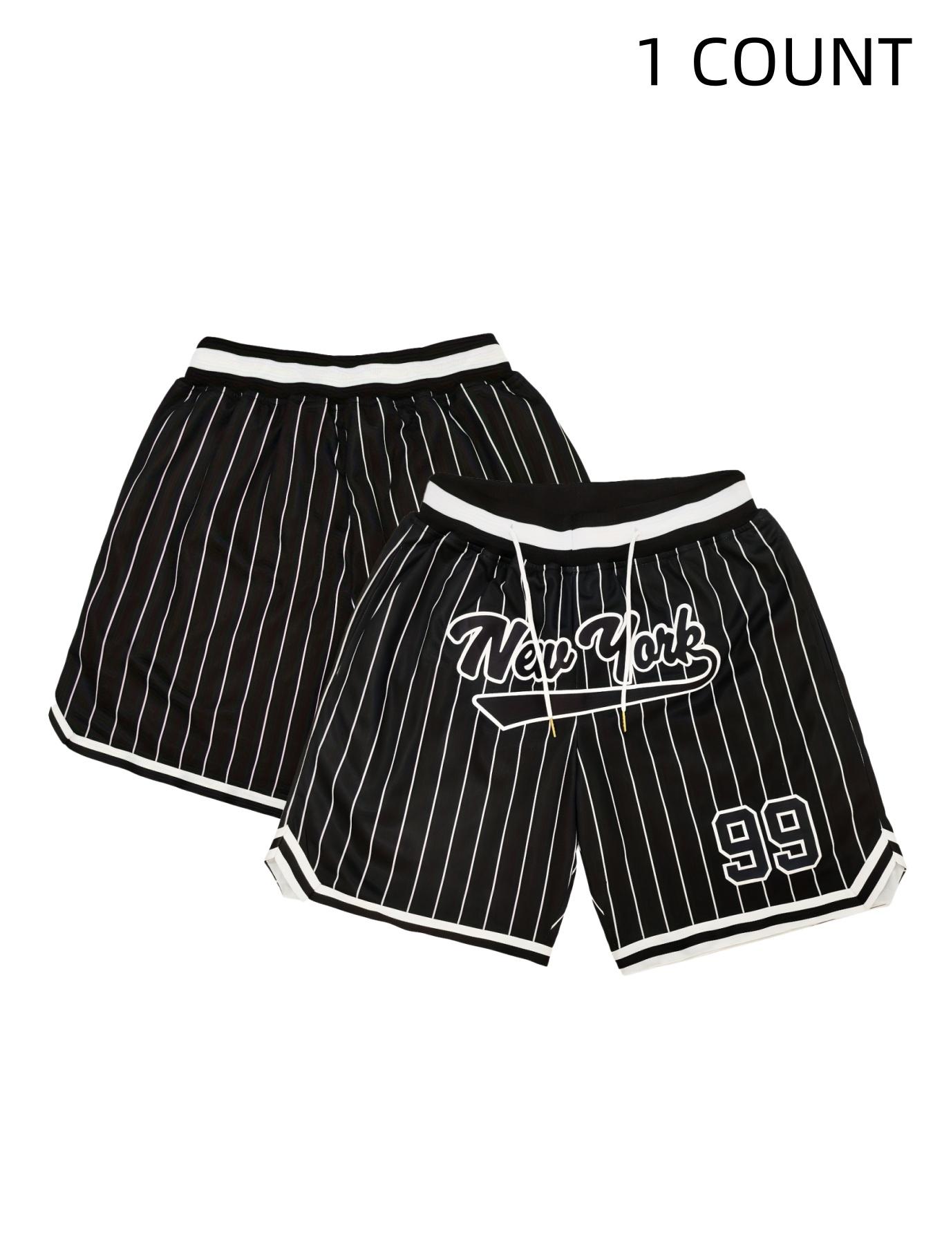 Men's Number Embroidery Pocket Elastic Waist Sports Shorts, Casual Breathable Comfortable Shorts for Outdoor Basketball Game Training Running, Men's Sportswear for All Seasons, Athletic Shorts, Stripes Print Shorts