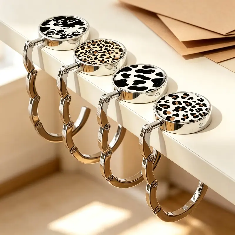 Women's 4-Pack Foldable Leopard Print Metal Purse Hooks - Portable Anti-Slip Table Handbag Holders, Compact Folding Desk Accessories & Bag Organizers for Home Use