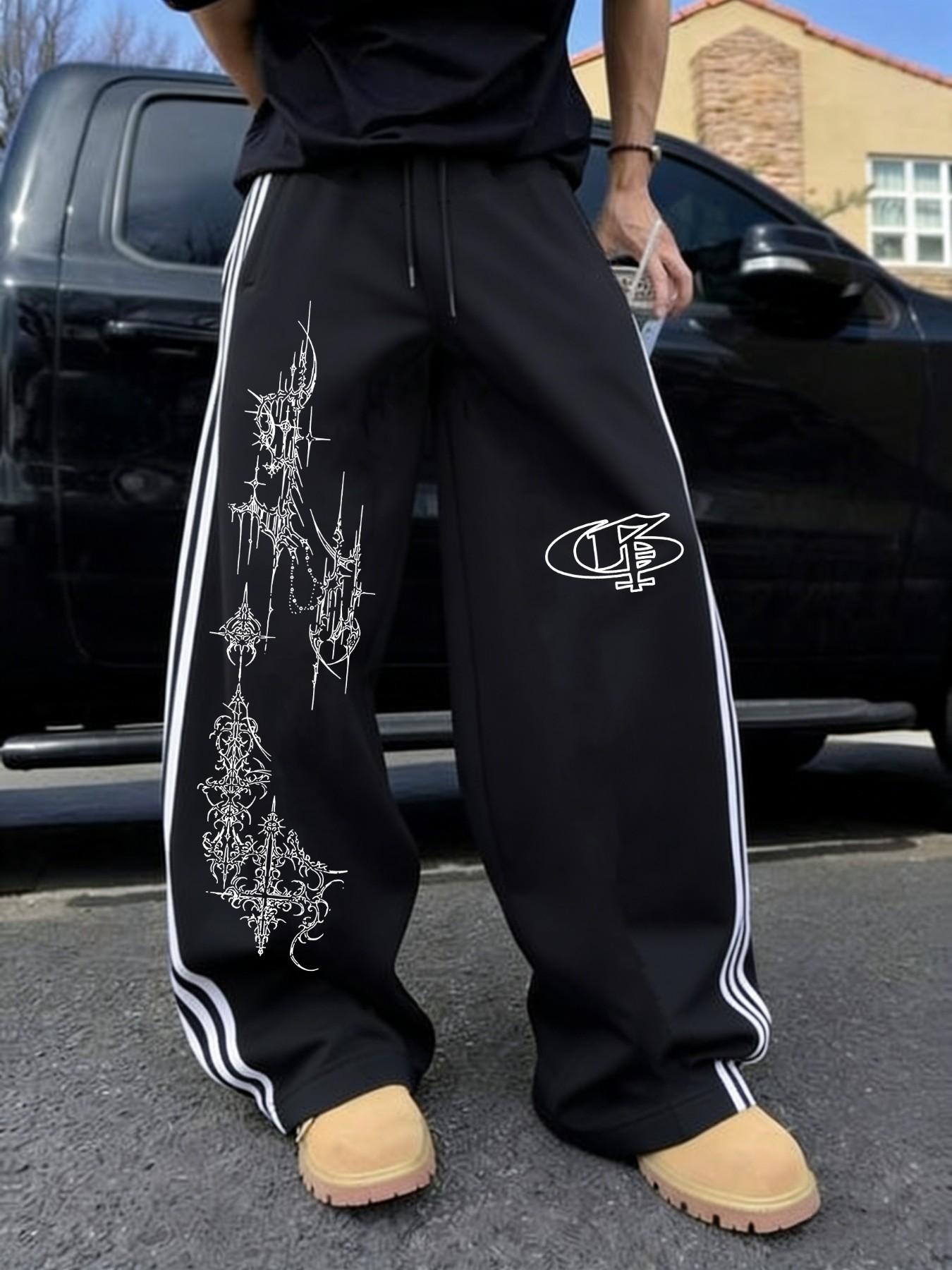 Men's Summer Gothic Style Print Loose Fit Pants, Ice Silk Texture, Comfortable Fashion, Casual Daily Wear, Versatile Design, Durable