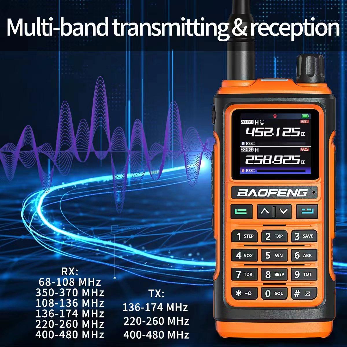 BF UV-17pro walkie talkie 10W high-power VHF UHF multi band compatibility, GPS， 999 channel storage, Type-C direct charging, capable of long-distance communication. The wireless device is suitable for outdoor exploration, hiking, and camping communication