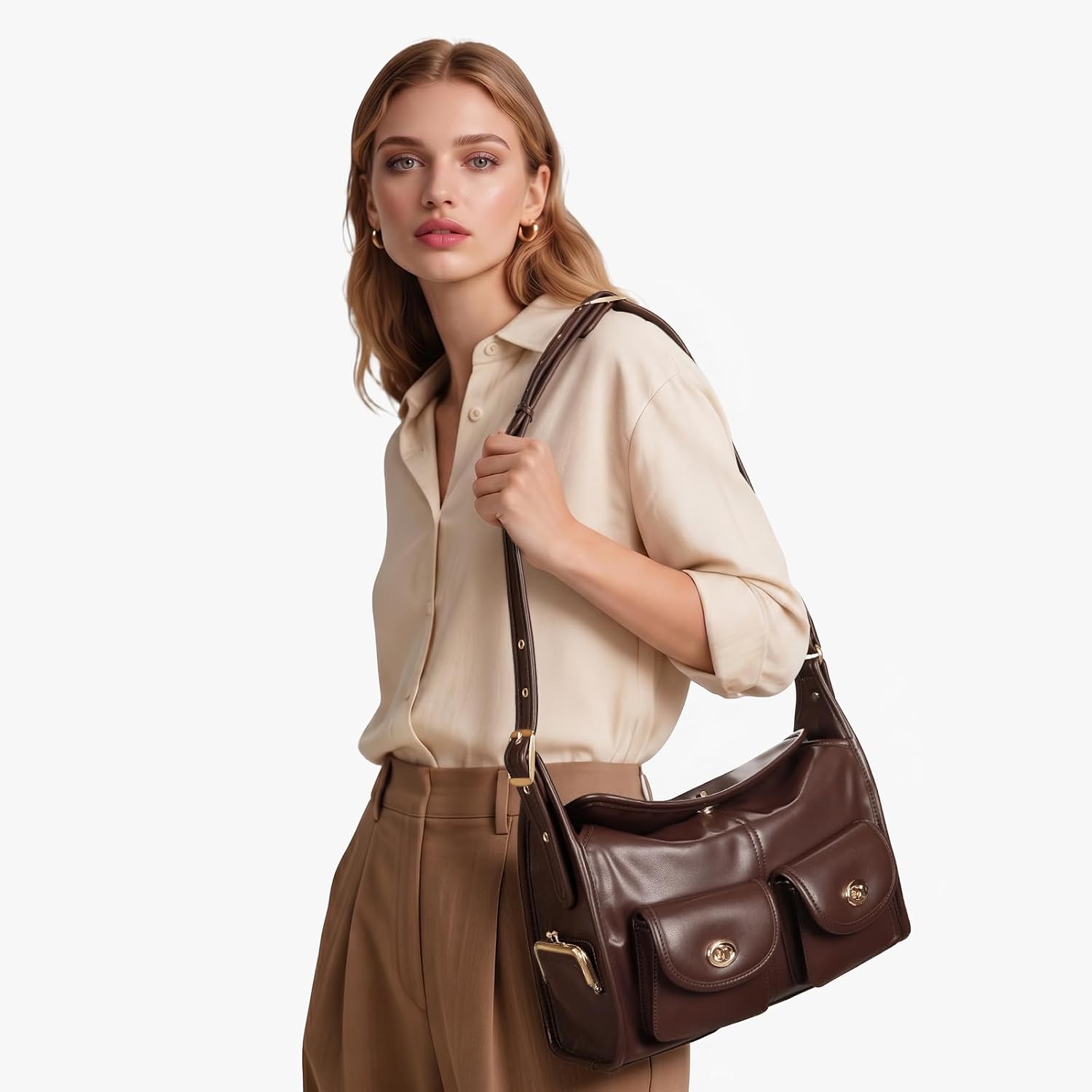 Turn Lock  Bag for Women Multi-Pocket  Hobo Handbags Large  Lock Tote Crossbody Bags for Work