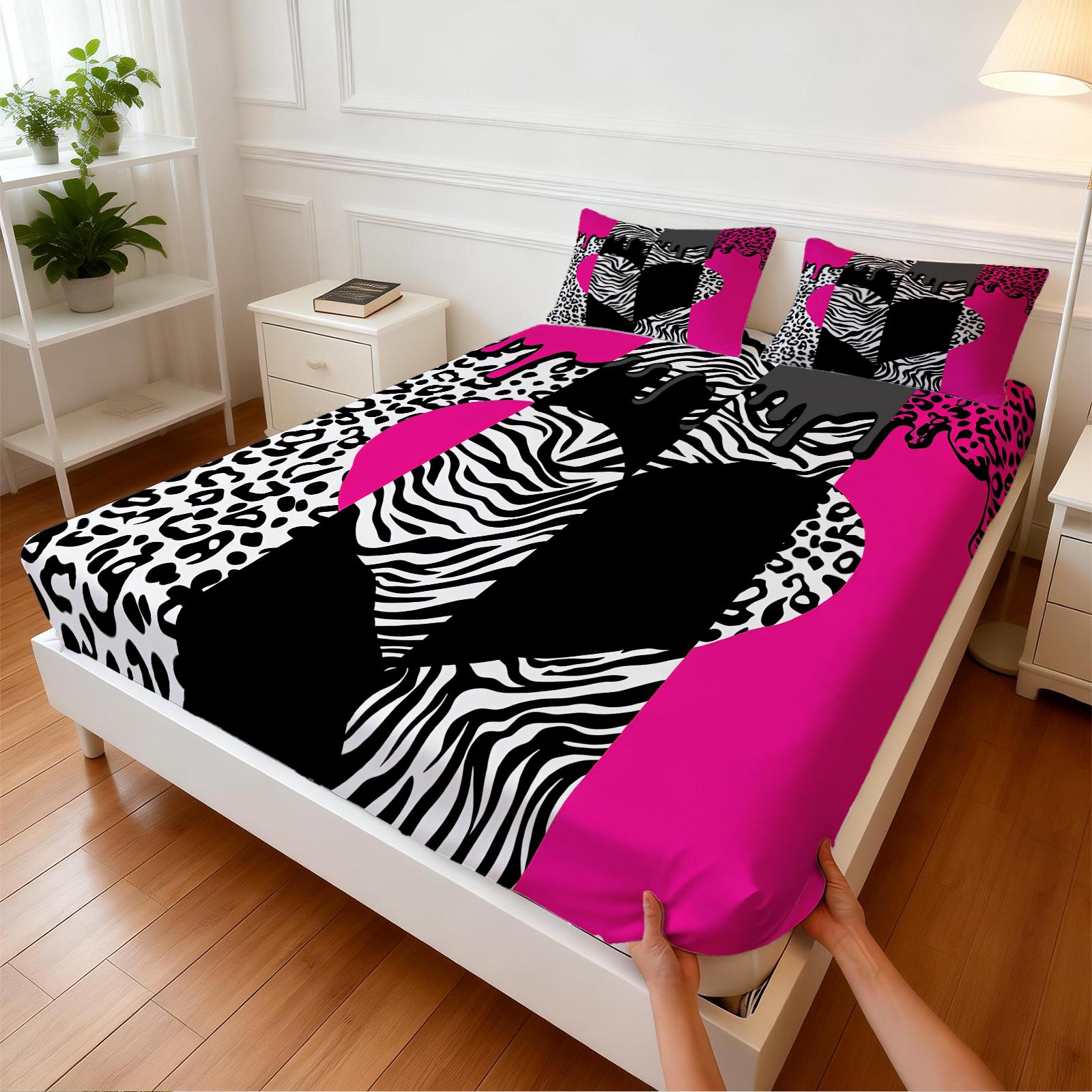 3Pcs Sweet Cool Leopard Zebra Print Fitted Sheet Set, Color Block Patchwork Print, Durable Wrinkle Resistant No Pilling, Perfect for Graduation Season Rental Room Personalized Bedroom Arrangement