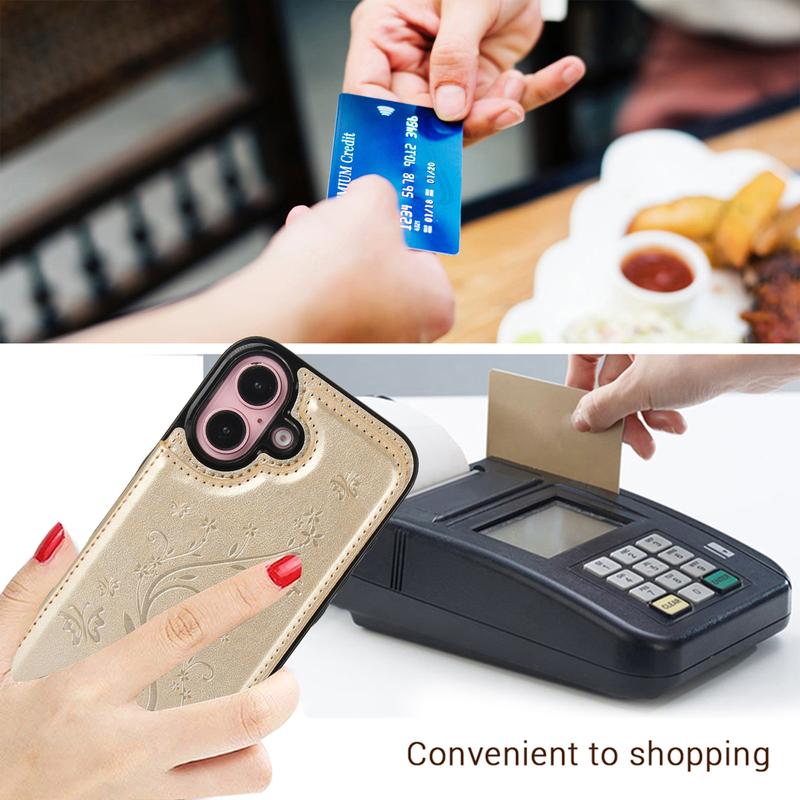 HISTORYOO Card Phone Case For iPhone 17 Pro Max Air 17 16 15 14 13 12 11 Pro Max 16 15 14 Plus/Pro Magnetic Clasp PU-Leather Wallet Card Holder Slot Stand Butterfly Flower Pattern Durable Shockproof Soft TPU Back Cover Rubber Case Autumn Winter Retro Gift