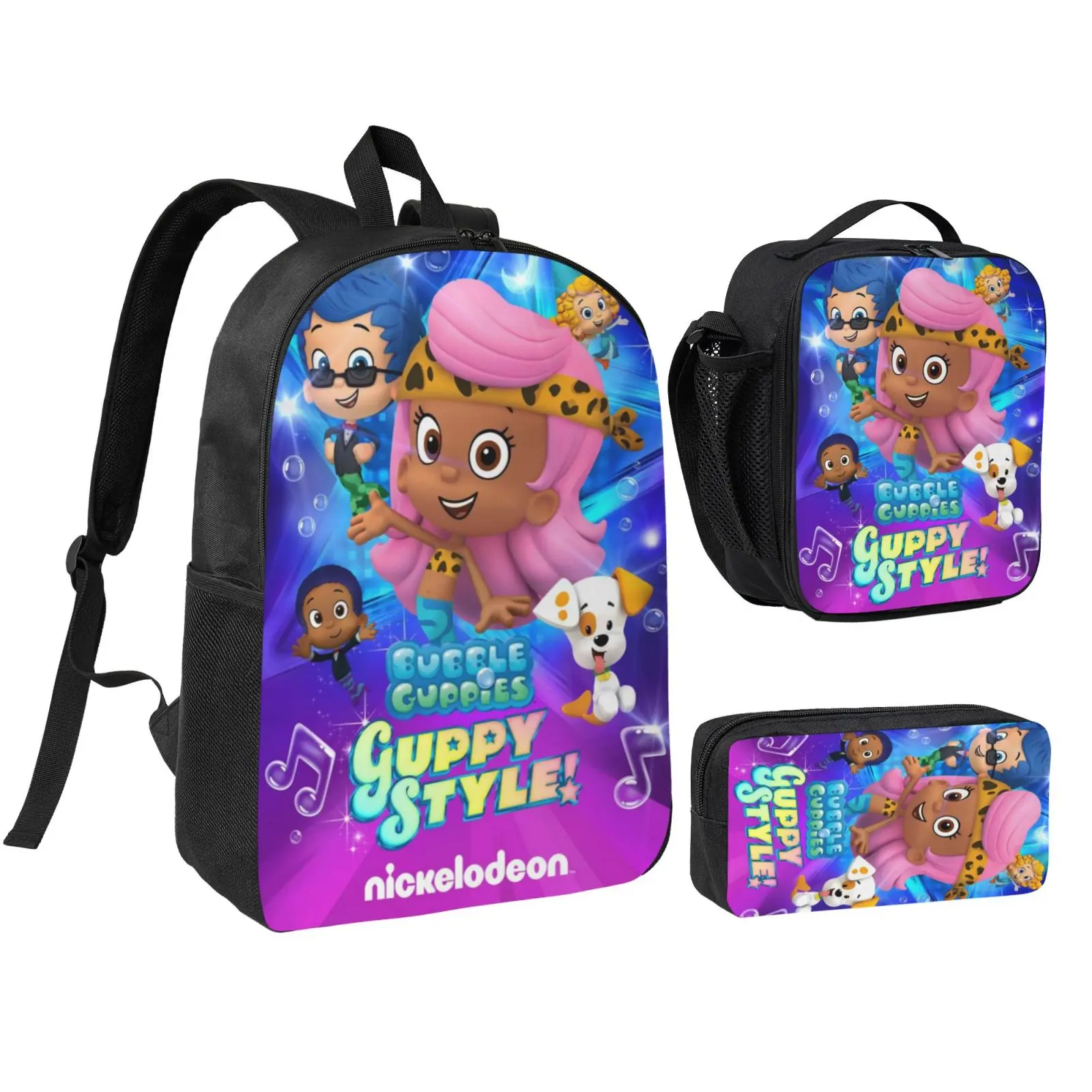 Anime Bubble Guppies2 3Pcs School Backpack Set for Teen Boys Girls, Adjustable Strap Kids Bookbag with Insulated Lunch Bag & Pencil Case, Multipurpose Backpack for School Travel Office