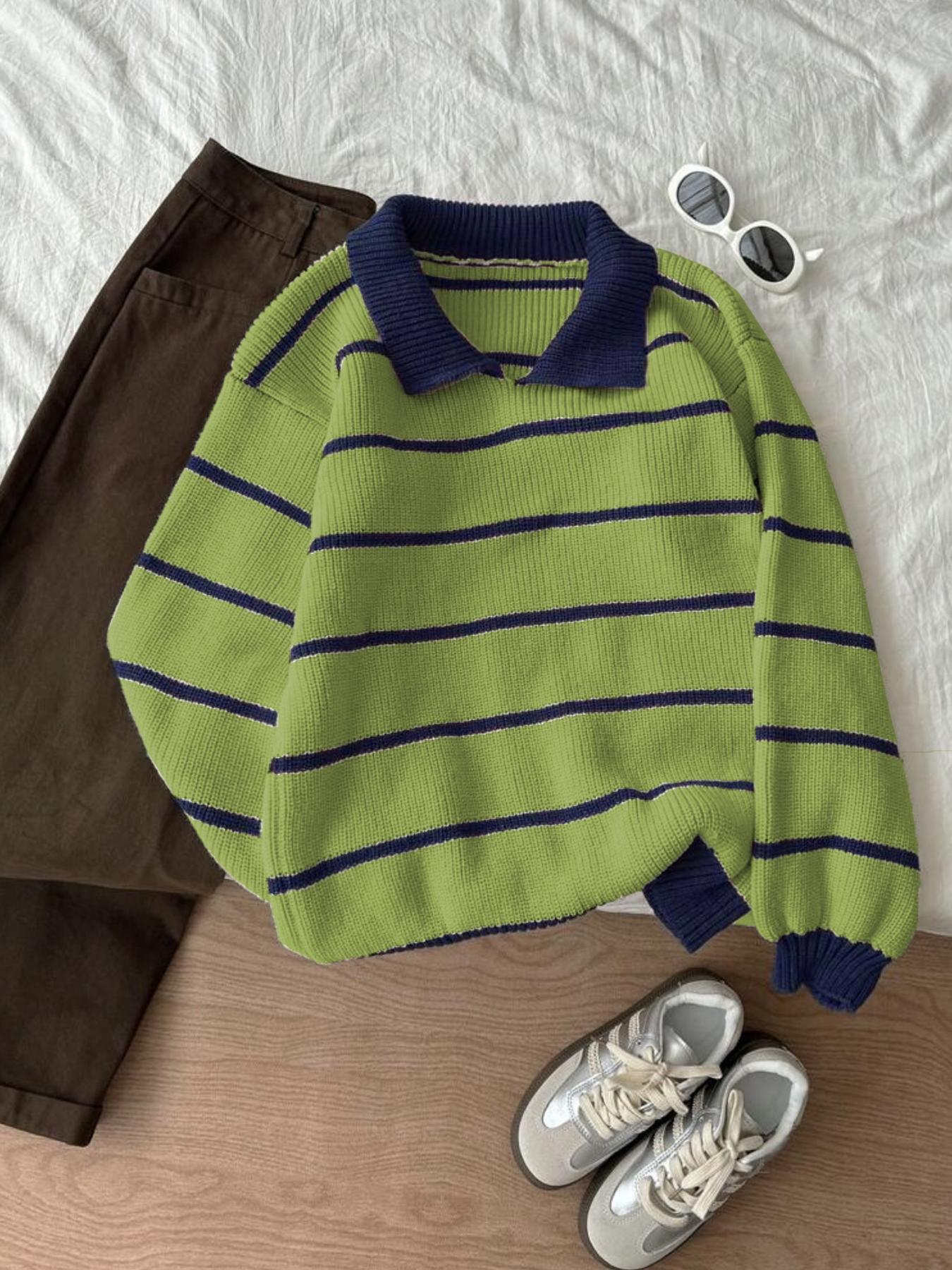 Autumn Winter Striped Polo Neck Long Sleeve Pullover Sweater, Fashionable Lazy Casual Loose Fit Knitwear, Versatile Style, Womenswear