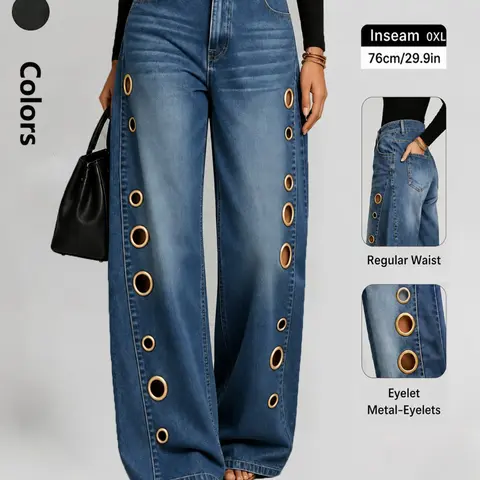 Plus Size High Waist Stretchy Wide Leg Jeans Pants, Hollow Out Design, Comfortable and Versatile, Perfect for All Seasons