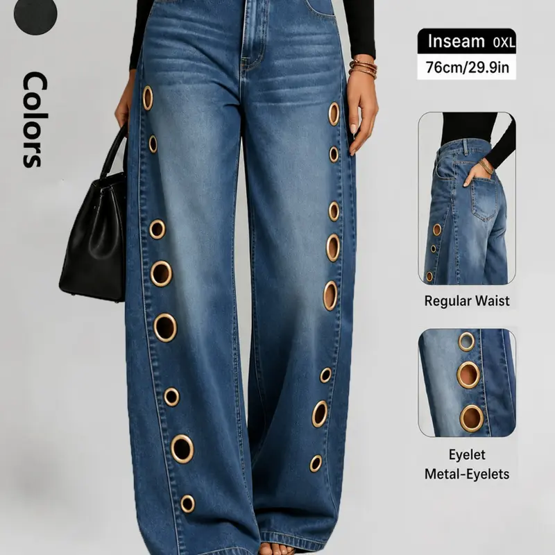 Plus Size High Waist Stretchy Wide Leg Jeans Pants, Hollow Out Design, Comfortable and Versatile, Perfect for All Seasons