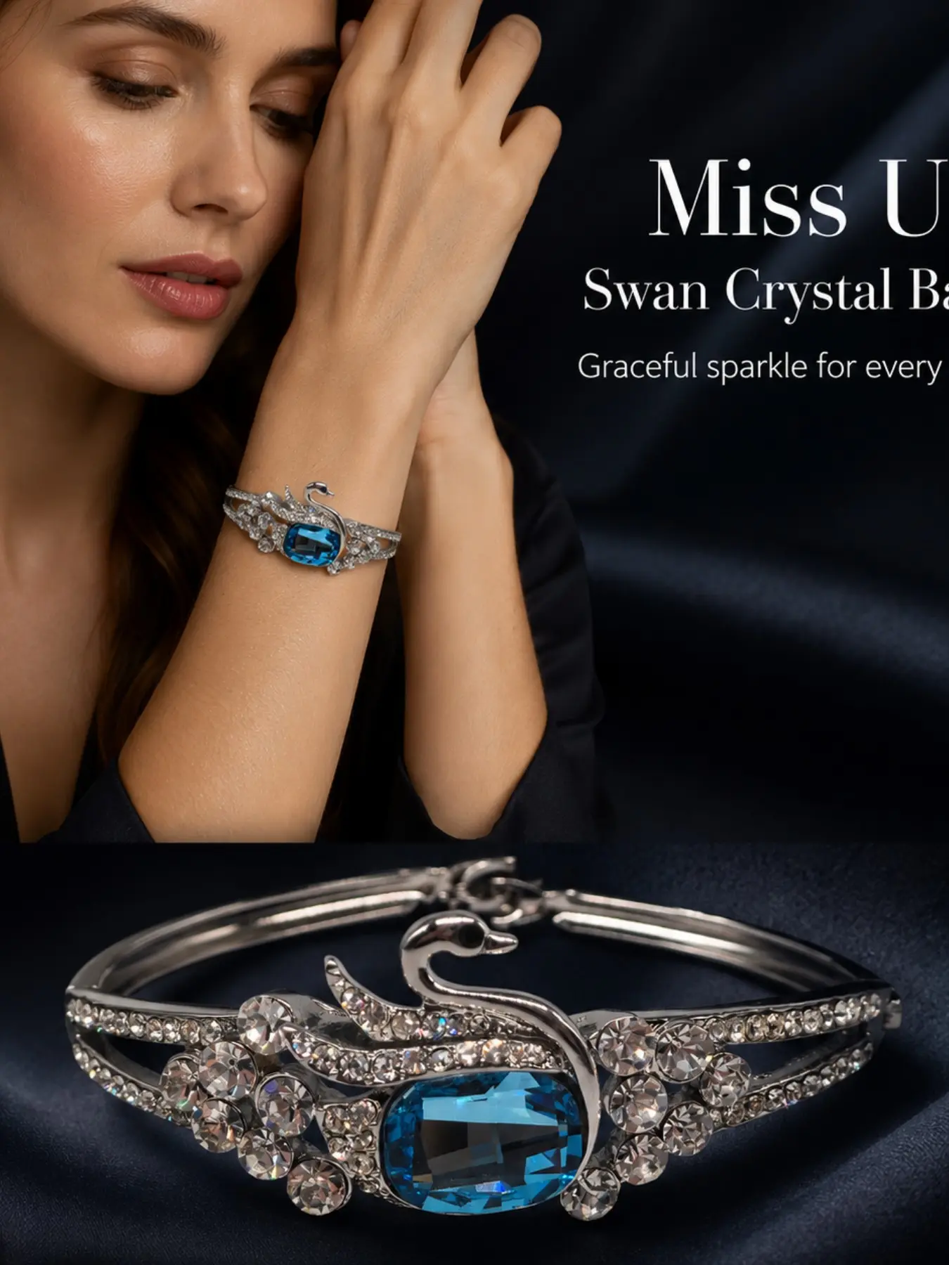 Elegant Swan Blue Crystal Bracelet, Silver Color Rhinestone Clasp, Women's Evening Wedding Gift, Chic Jewelry for Special Occasions