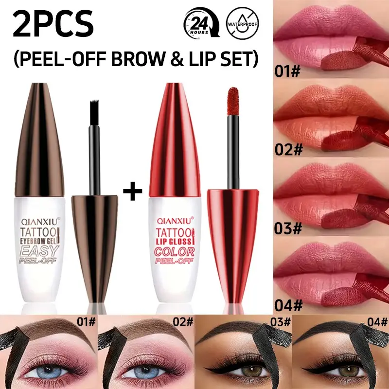 Peel Off Eyebrow Gel & Peel Off Lip Stain Makeup Set, Long Lasting Waterproof Peel Reveal Brow Tint & Lip Color, Kiss Proof Non-Stick Cup Transfer Resistant Matte Cosmetic Kit For Daily Party Makeup