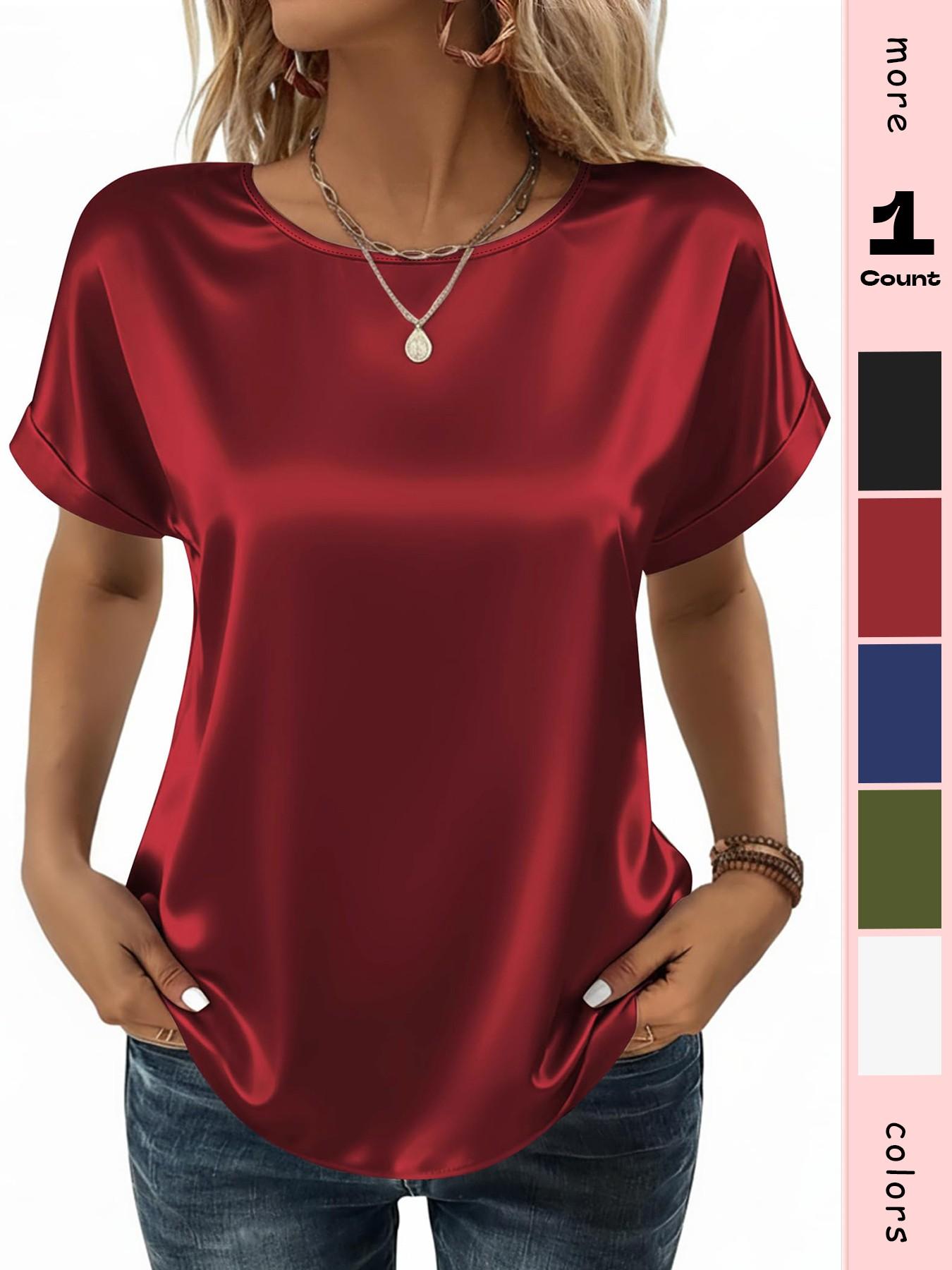 Women's Satin Shirt, Business Casual Short Sleeve Top, Round Neck T-Shirt, Silk Blouse, Summer Clothing, Fashionable and Comfortable