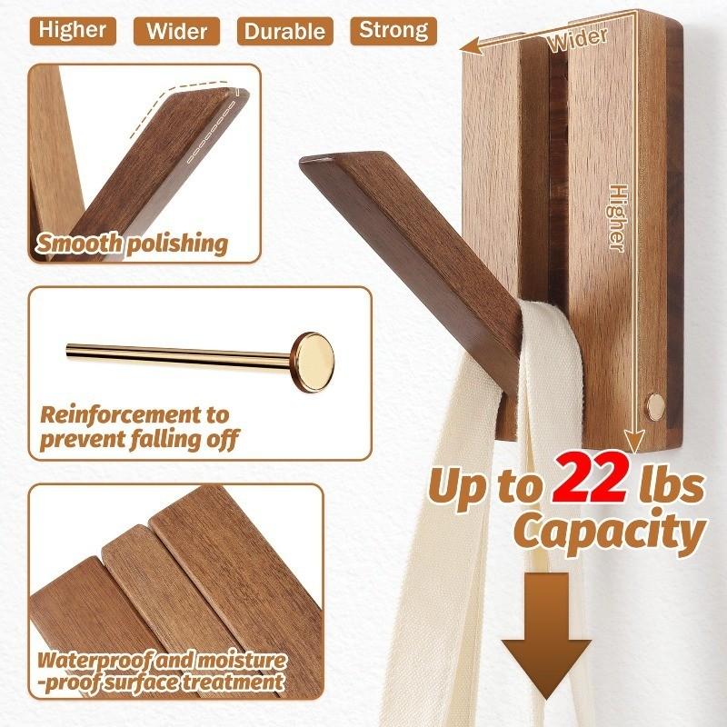Magnetic Foldable Wooden Wall Hooks, Hidden Acacia Wood Coat Hooks, Flip Down Hooks for Coats, Bags, Hats, Towels