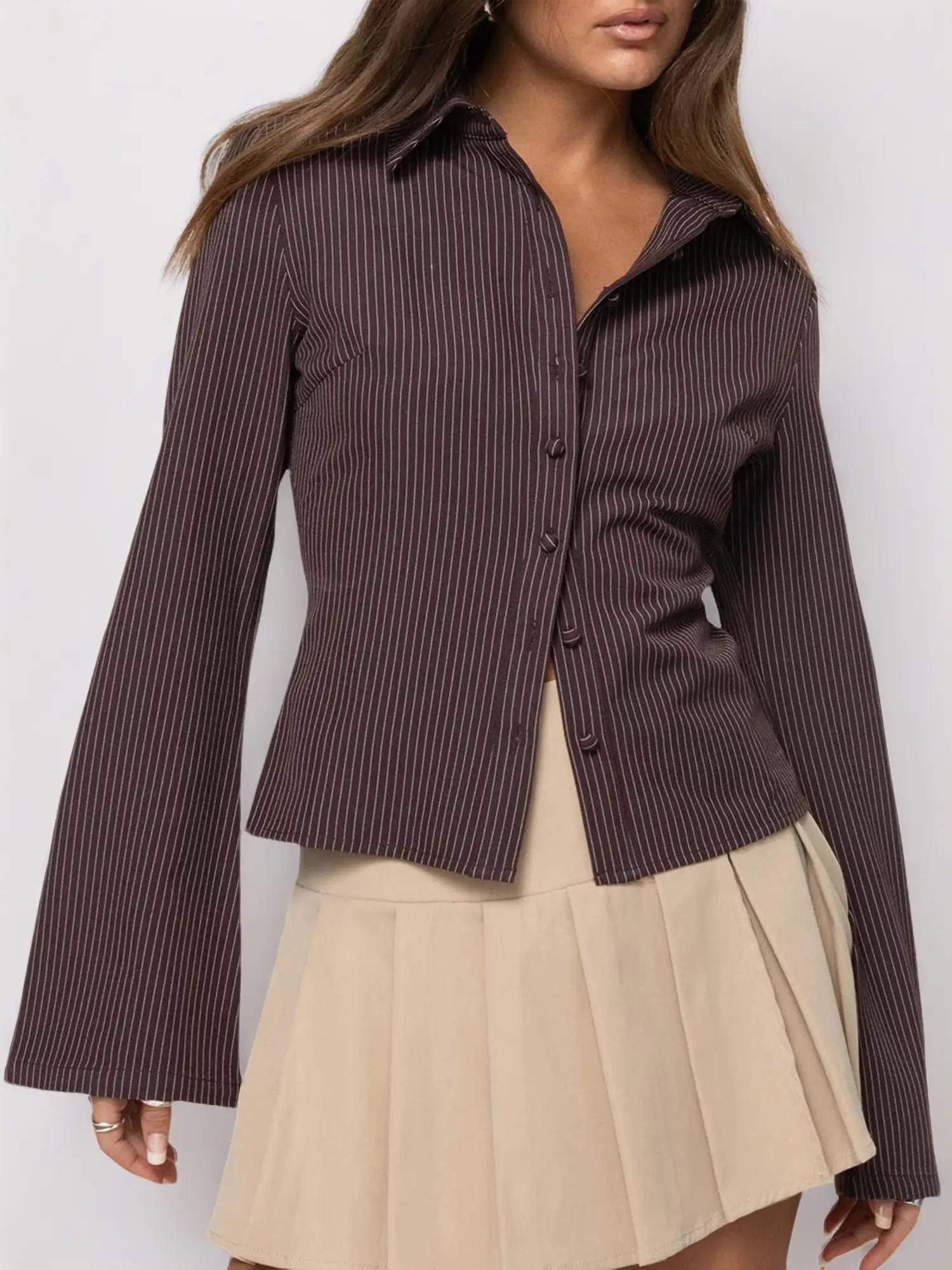 Women's All-Over Striped Print Button Front Blouse, Casual Long Sleeve Top for Spring & Fall, Ladies Clothes for Daily Wear, Casual Fashion Shirt