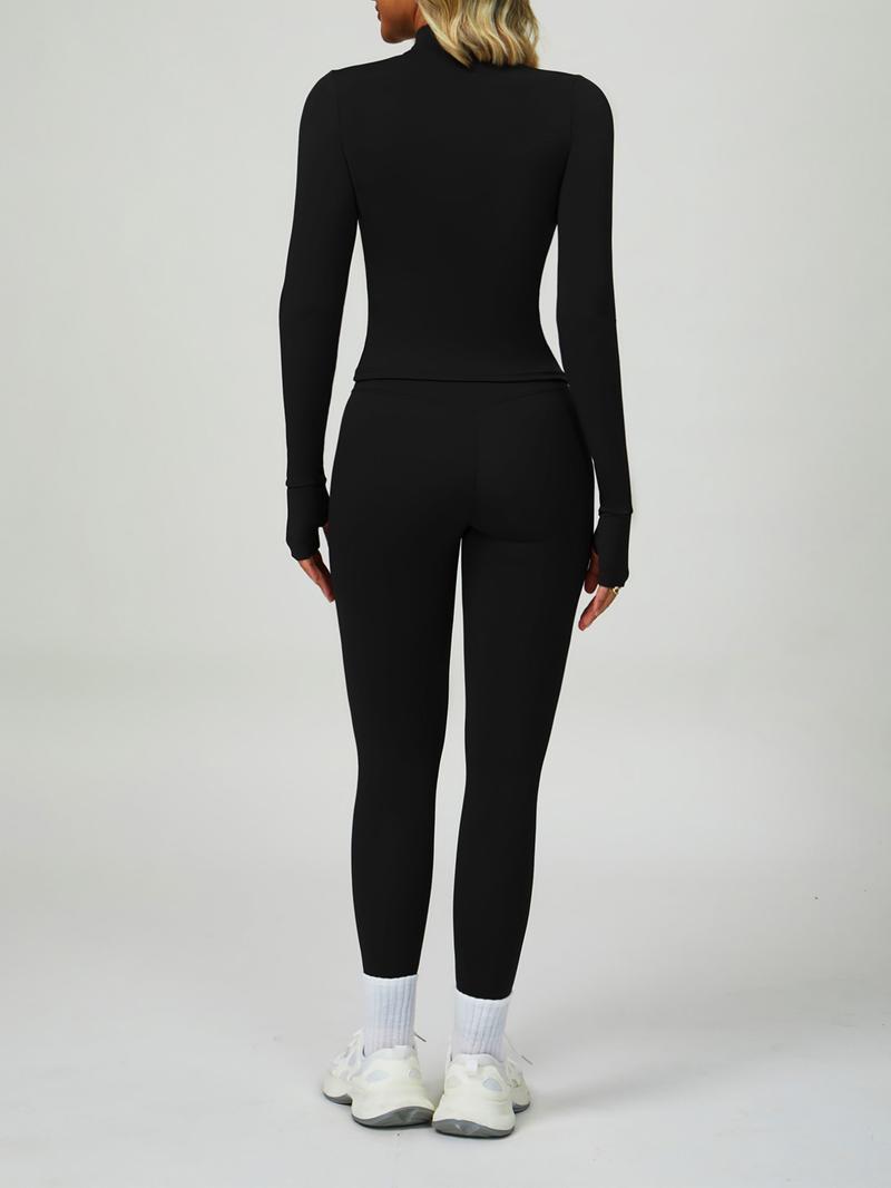 Women's High Waist Zipper Long Sleeve Yoga Pants Set, Elastic and Comfortable, Casual Wear for Daily, Fitness Running Cycling