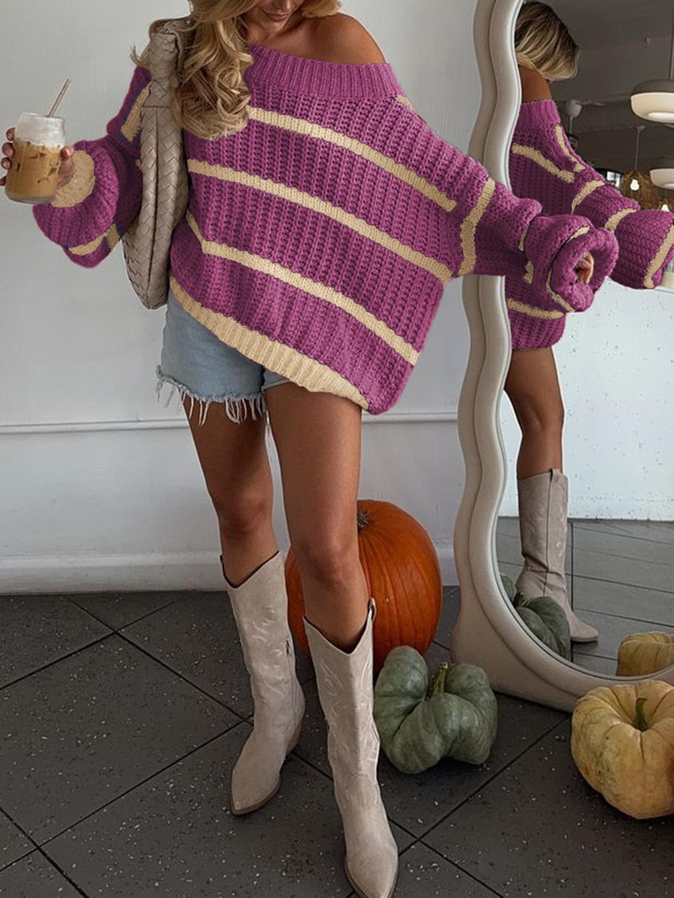 Women's Asymmetrical Neckline Colorblock Striped Lantern Sleeve Sweater, Casual Loose-Fit Knitted Pullover Knitwear for Fall & Winter