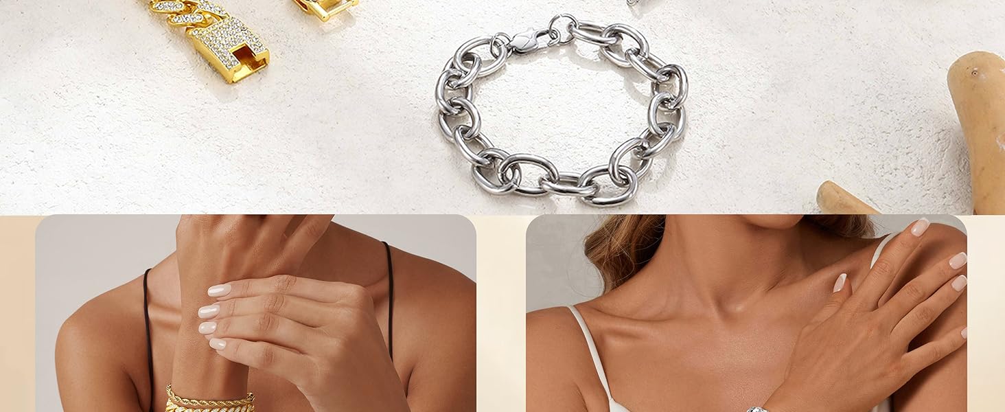 Sanfenly Chunky Gold Silver Bracelets for Women Set 18K Gold Plated Simulated Diamond Tennis Bracelet Rhinestone Cuban Link Chain Bracelet Thick Stainless Steel Punk Bracelet Stack 7&8 Inch