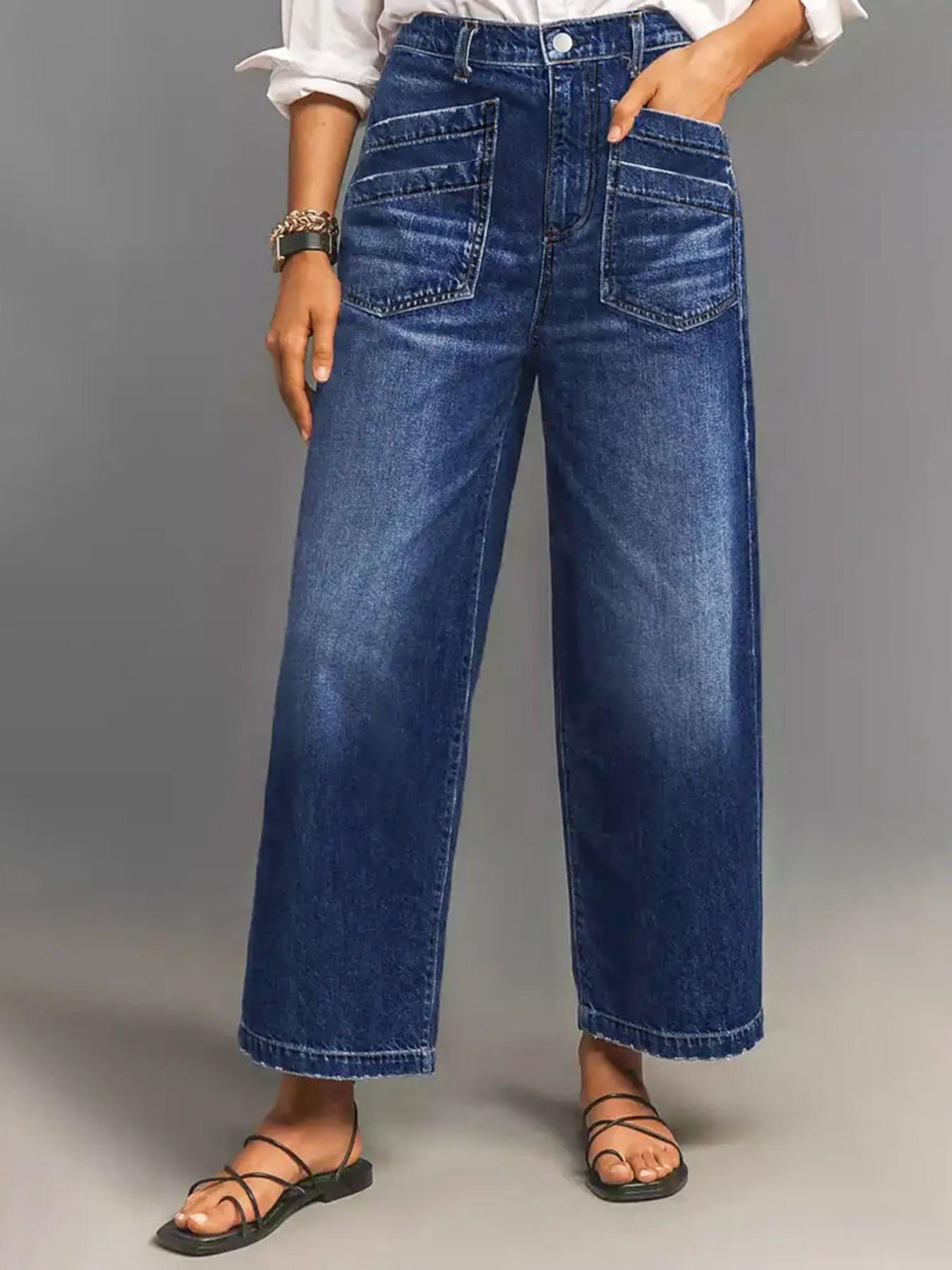 Women's Loose-Fitting Denim Wide Leg Pants, Casual Fashion Jeans, Womenswear, All Seasons Wear, Plain Pattern, Pockets, Comfortable and Stylish