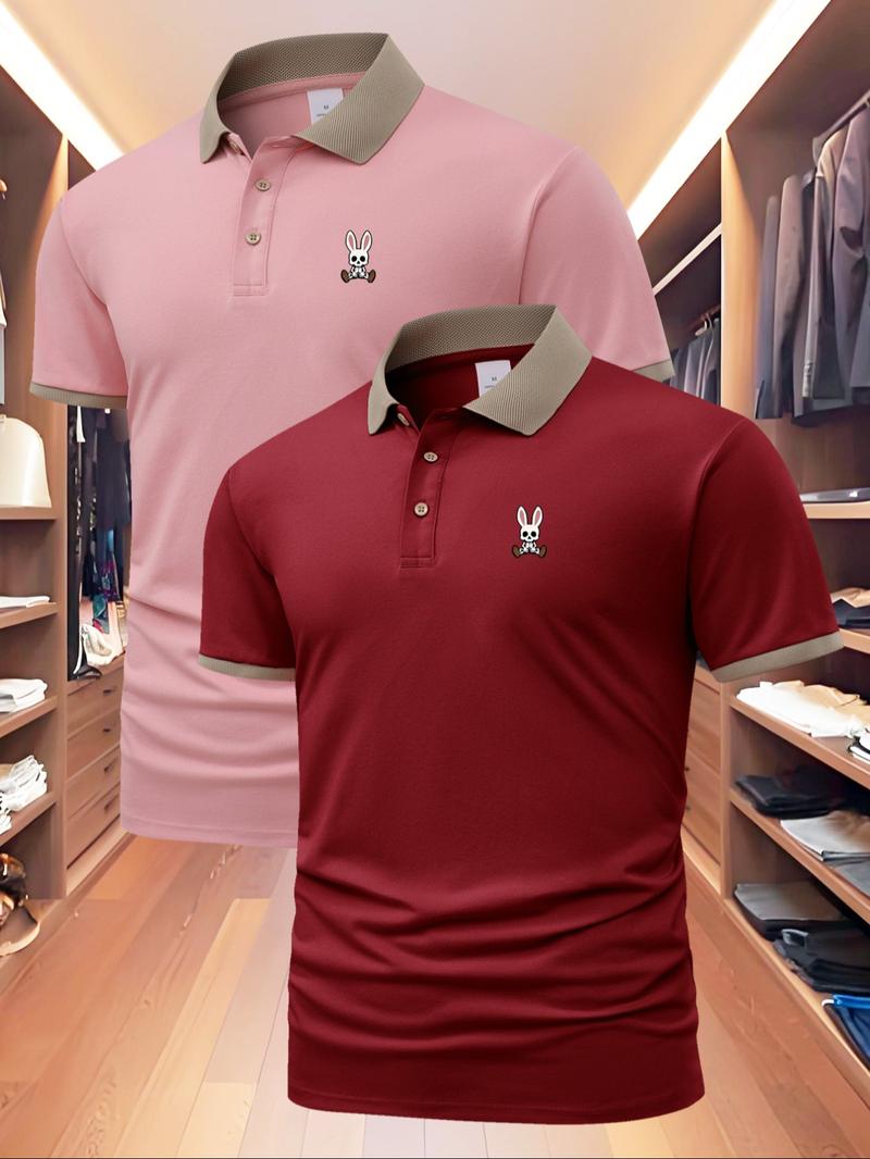 Men's Regular Fit Rabbit Print Polo Shirt, Casual Short Sleeve Collared Top for Summer, Fashion Men's Clothes for Daily Wear, Tropical