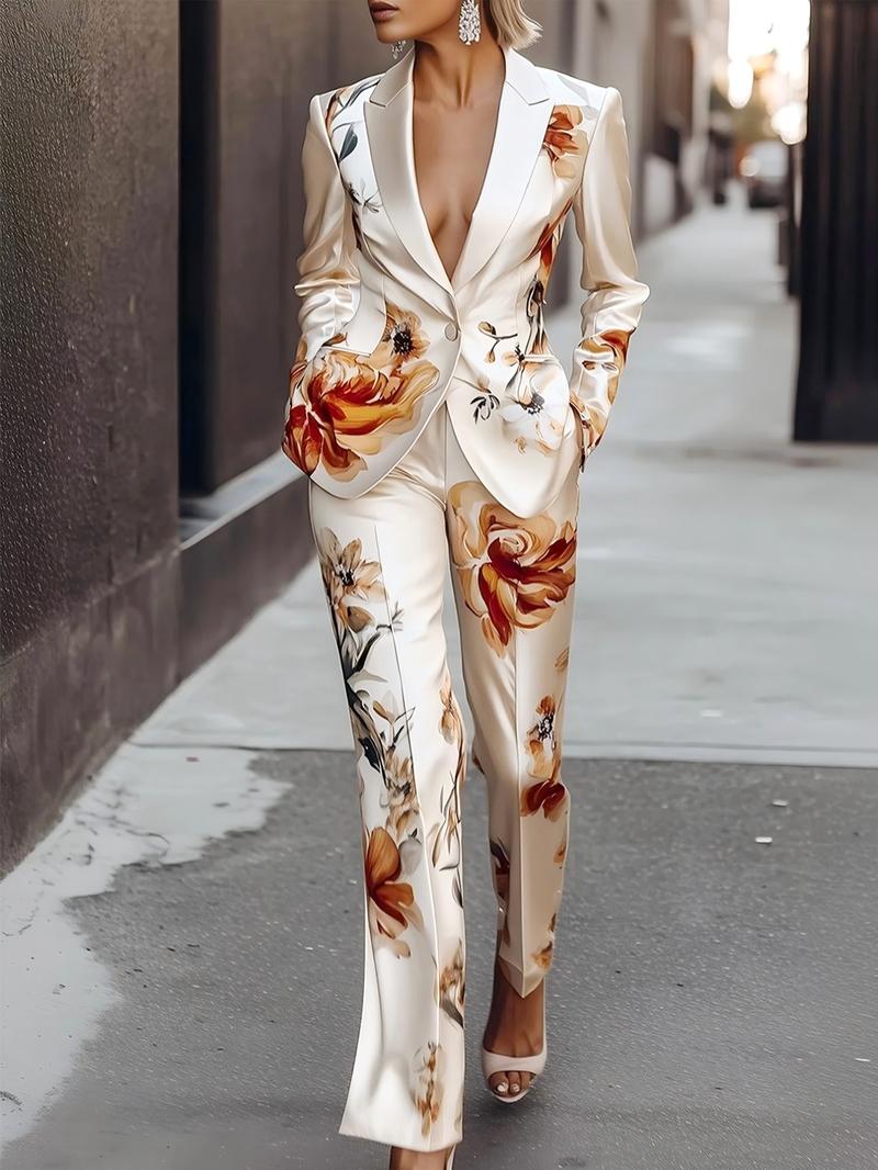 Two-piece Set Women's Floral Print Set, Elegant Long Sleeve Button Blazer & Pants Set, Women's Sleepwear for Spring & Fall