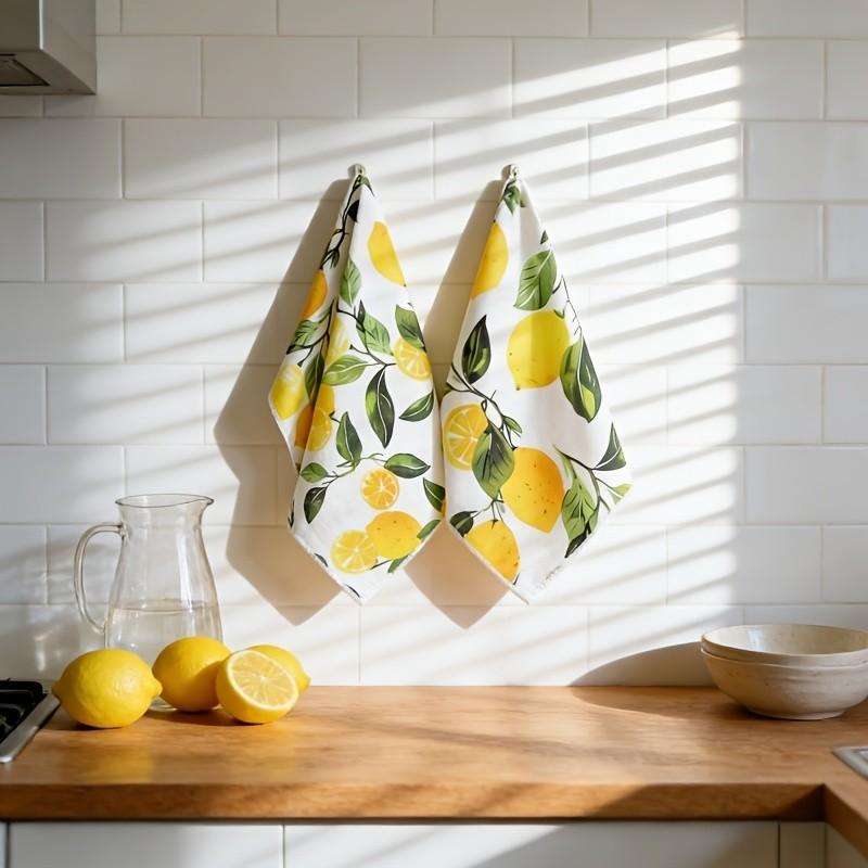 2-Piece Lemon Pattern Kitchen Towels Set, Polyester Cleaning Cloth, Highly Absorbent, Soft and Durable, Ideal for Glass, Cooktops, Pots, Bowls