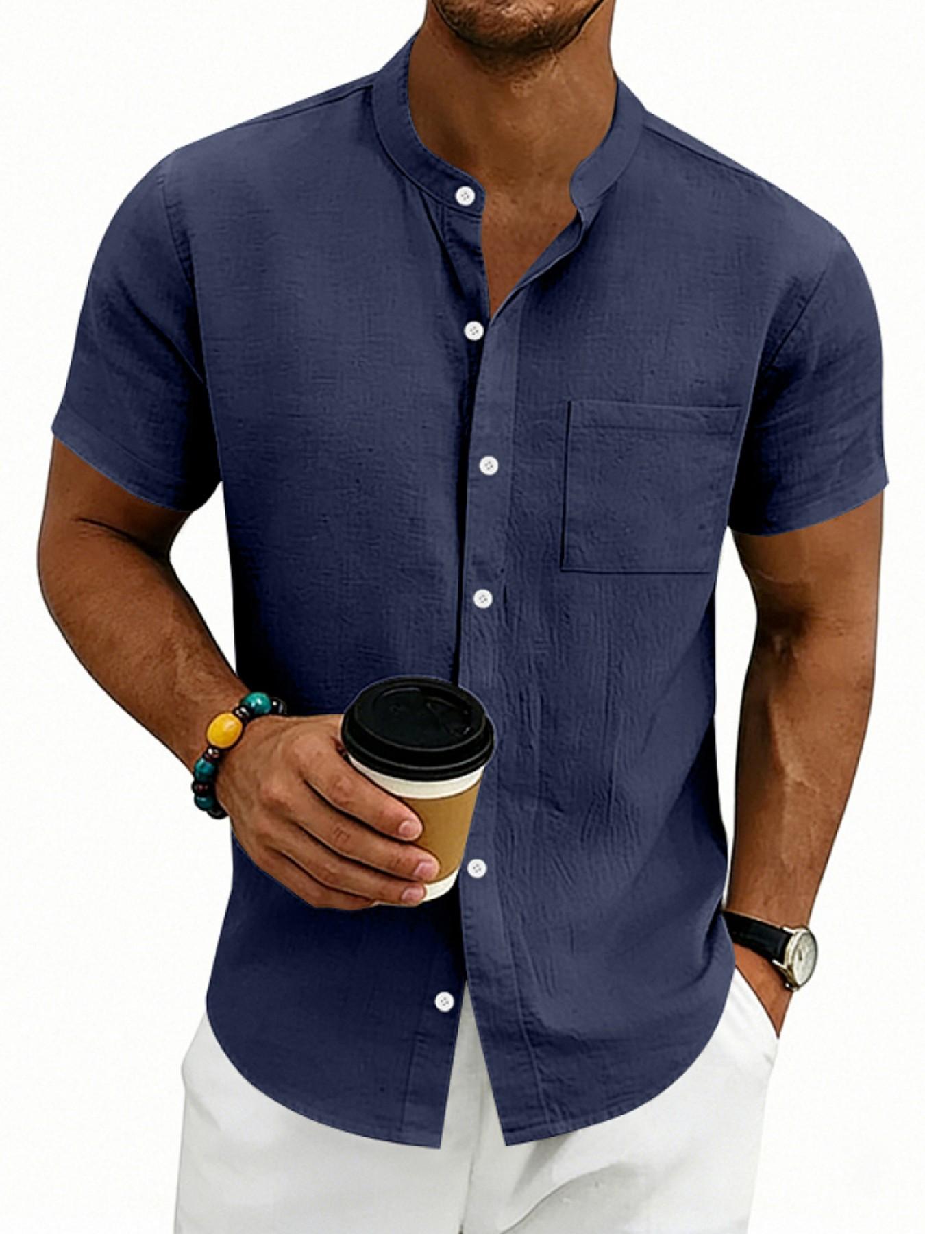 Men's Hawaiian Style Linen Short Sleeve Shirt, Casual Stand Collar Summer Top, Retro Design for Men, Comfortable and Stylish