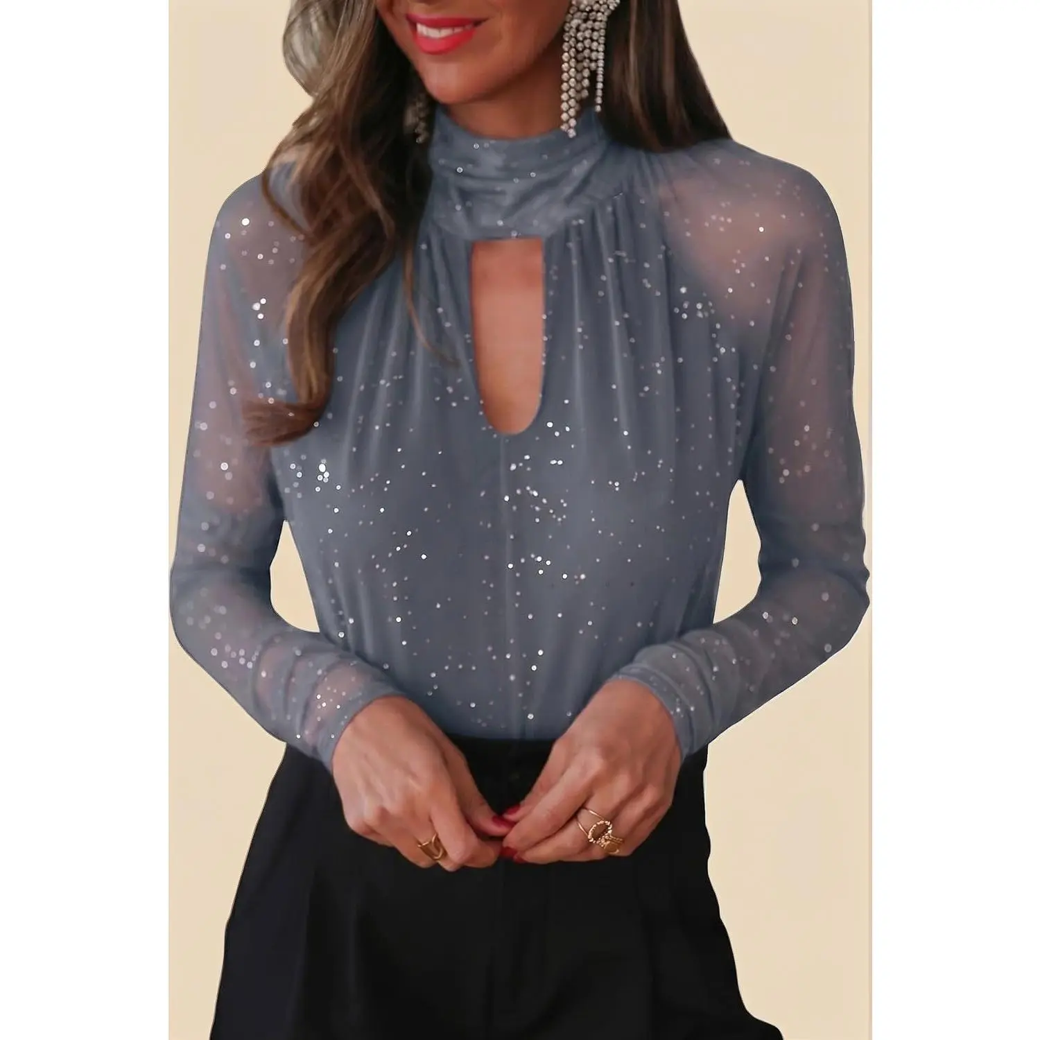 Women's Long Sleeve Sparkly Glitter Mesh Top – Sheer Cutout Mock Neck, Stretchy Sequin Blouse for Date Night, Cocktail Party & Business Casual Fall 2026