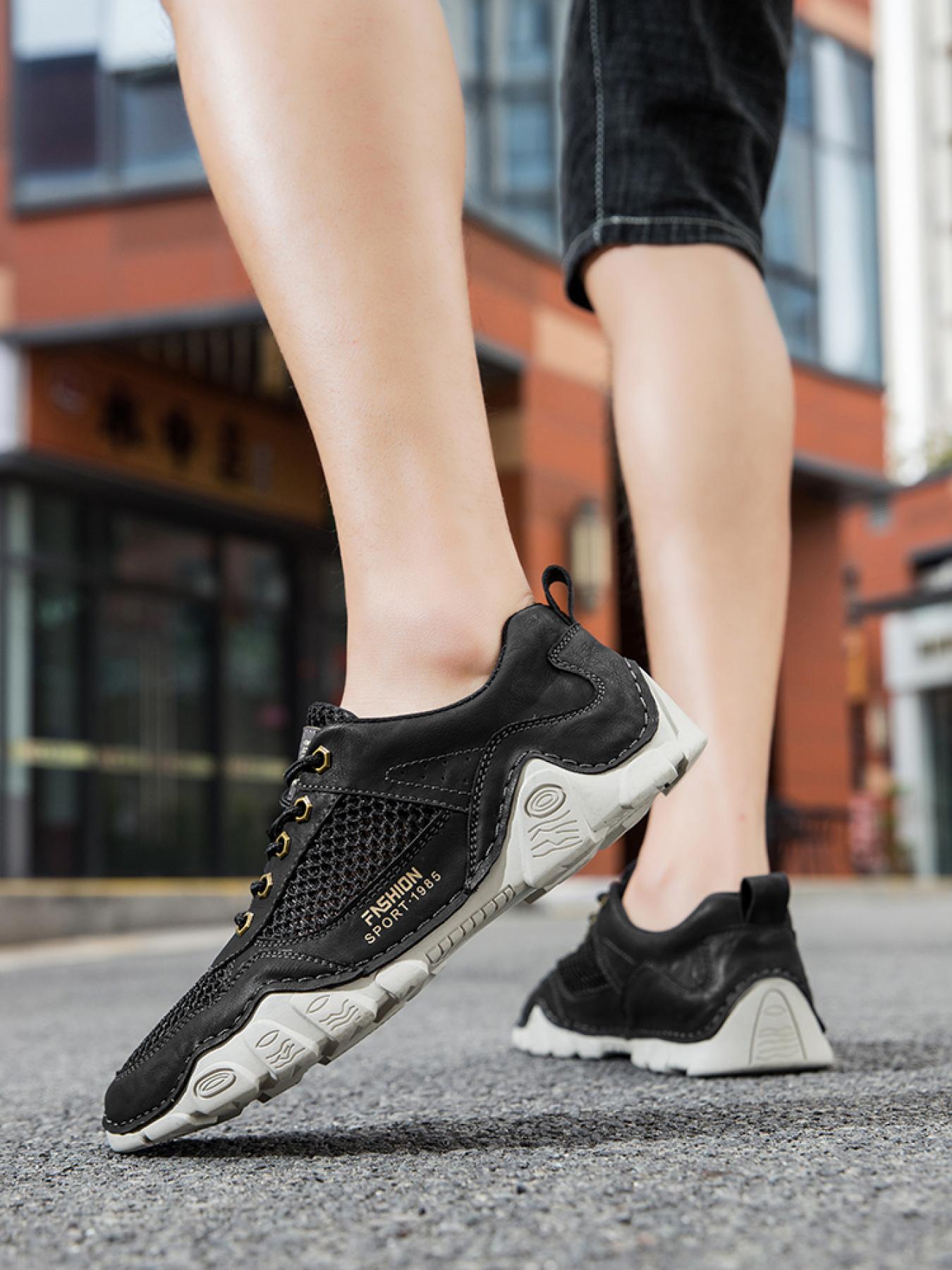 Men's Solid Color Mesh Patchwork Casual Sneakers, Hand-Stitched Thick-Soled Non-Slip Hiking Shoes, Trendy Versatile Breathable Dad Shoes